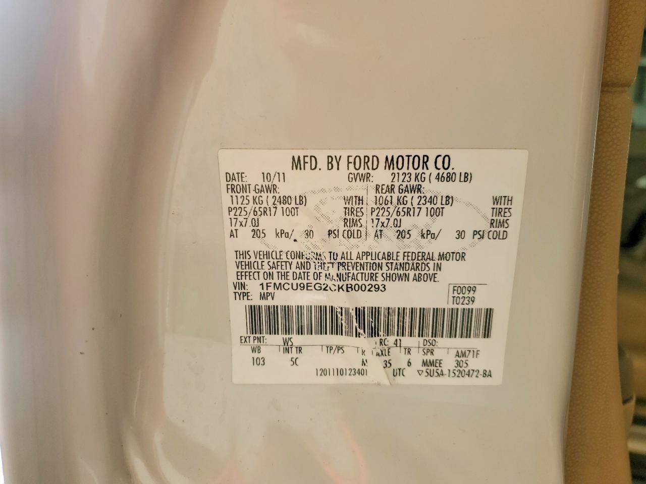 2012 Ford Escape Limited White vin: 1FMCU9EG2CKB00293