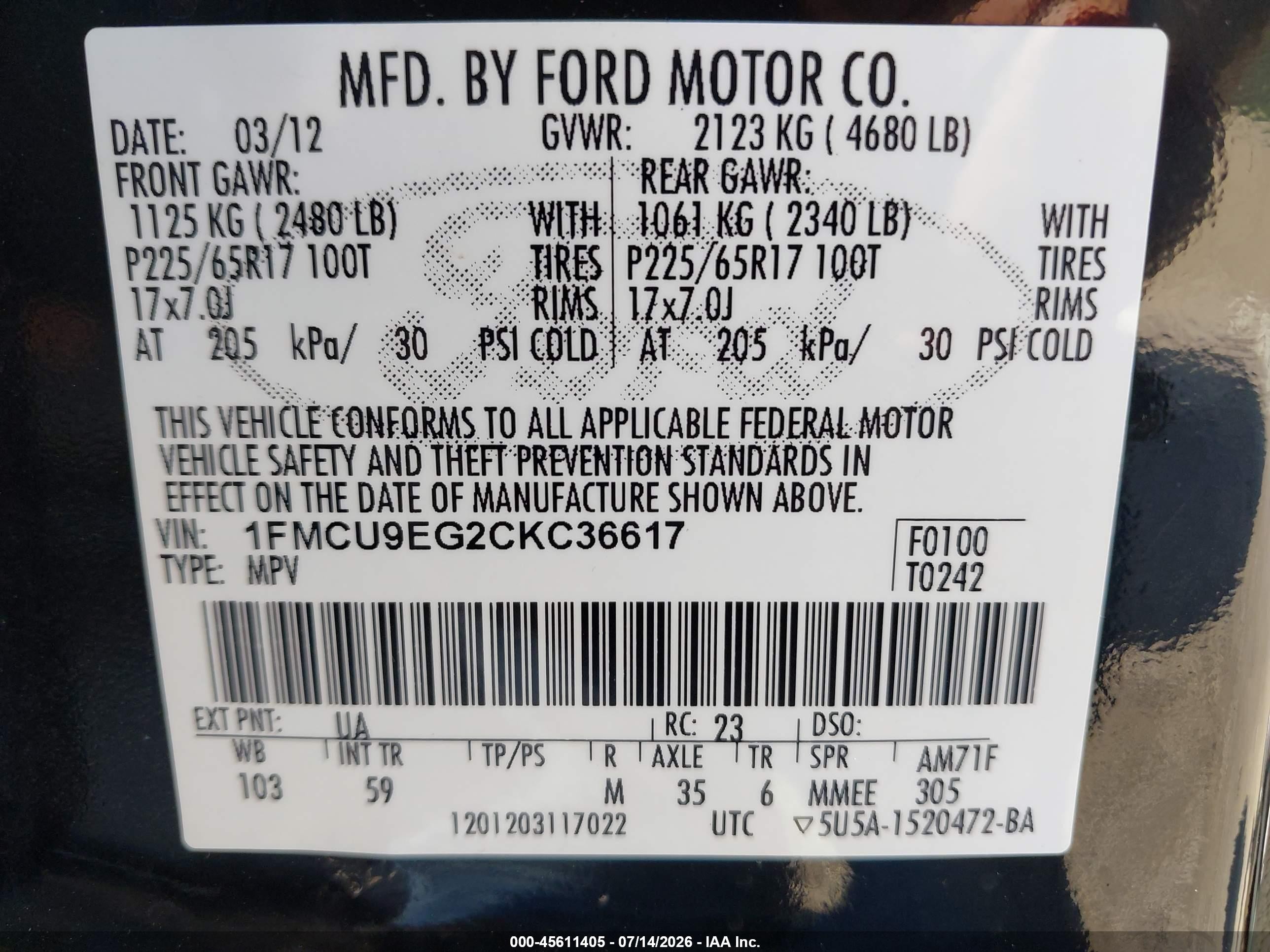 2012 Ford Escape Limited Black vin: 1FMCU9EG2CKC36617