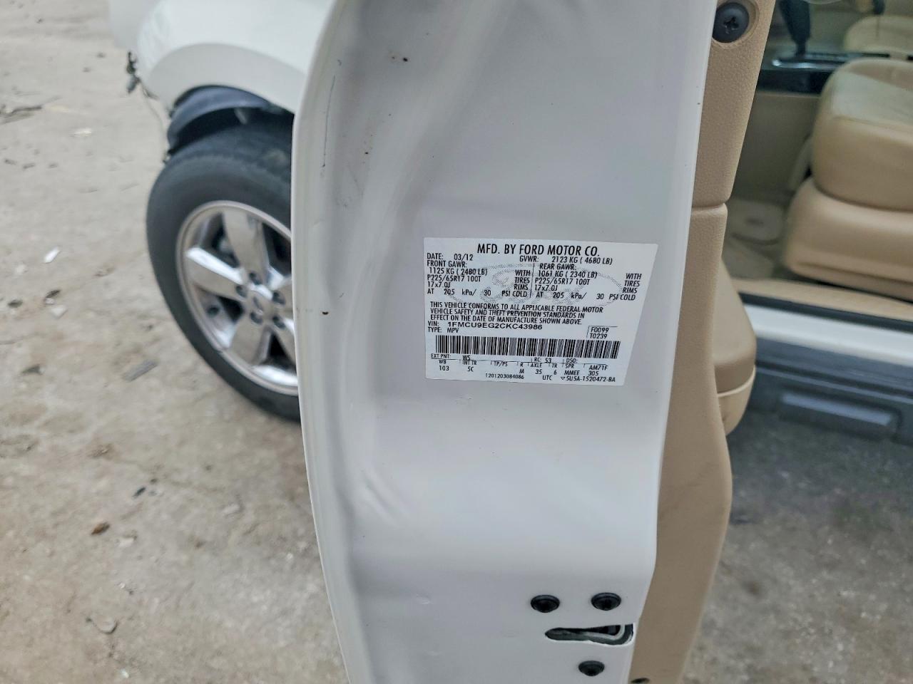 2012 Ford Escape Limited White vin: 1FMCU9EG2CKC43986