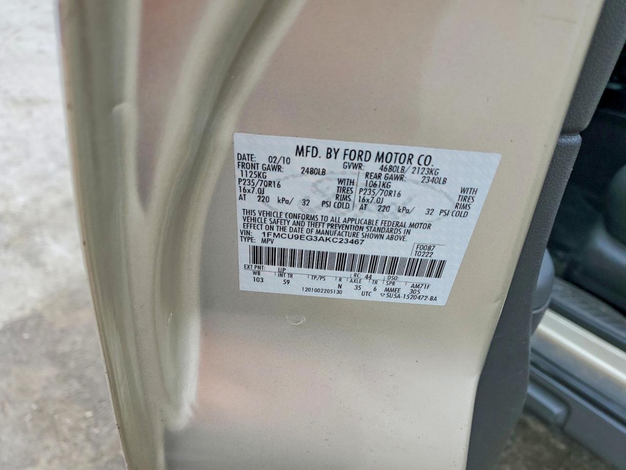 2010 Ford Escape Limited Tan vin: 1FMCU9EG3AKC23467