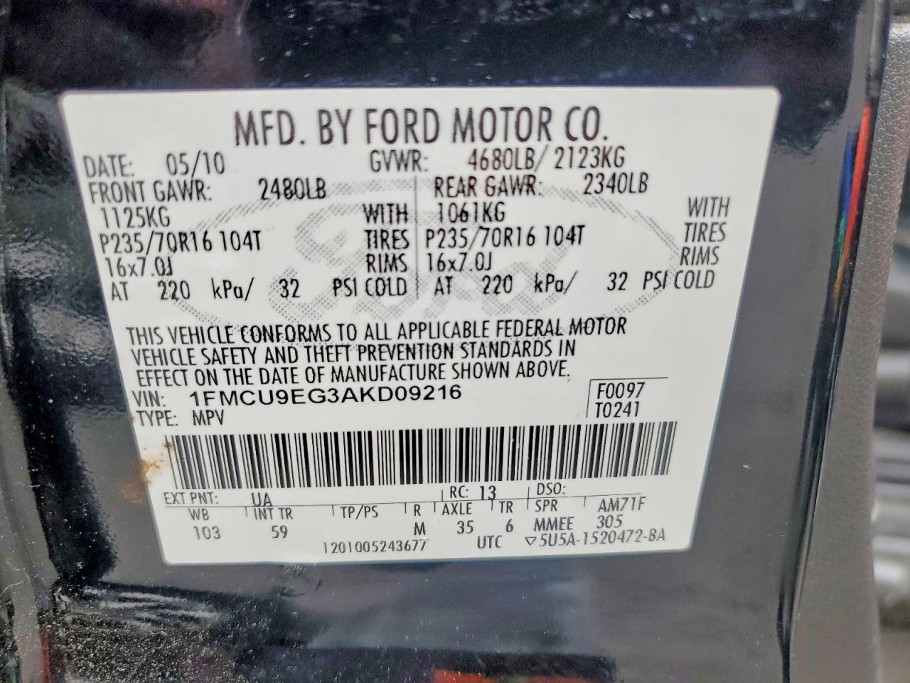 2010 Ford Escape Limited Black vin: 1FMCU9EG3AKD09216