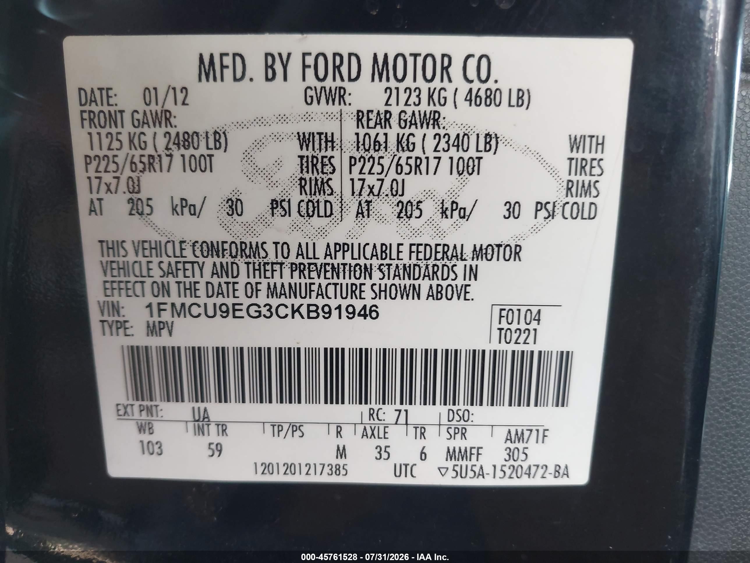 2012 Ford Escape Limited Black vin: 1FMCU9EG3CKB91946