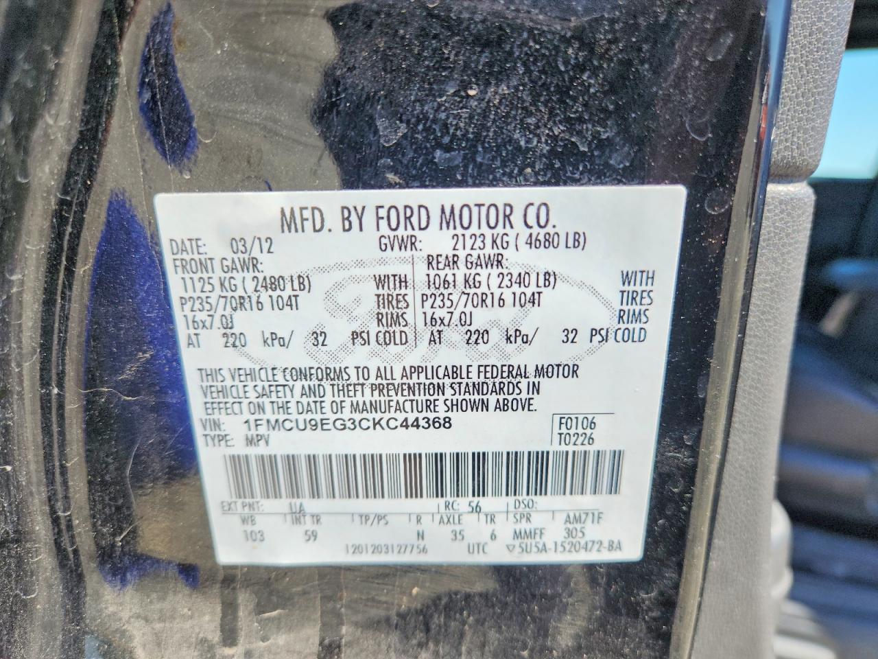 2012 Ford Escape Limited Black vin: 1FMCU9EG3CKC44368