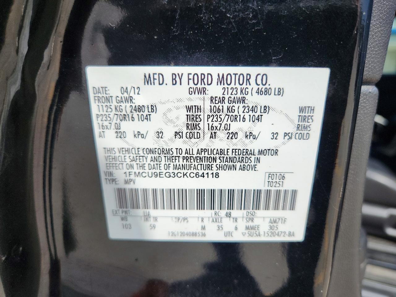 2012 Ford Escape Limited Black vin: 1FMCU9EG3CKC64118