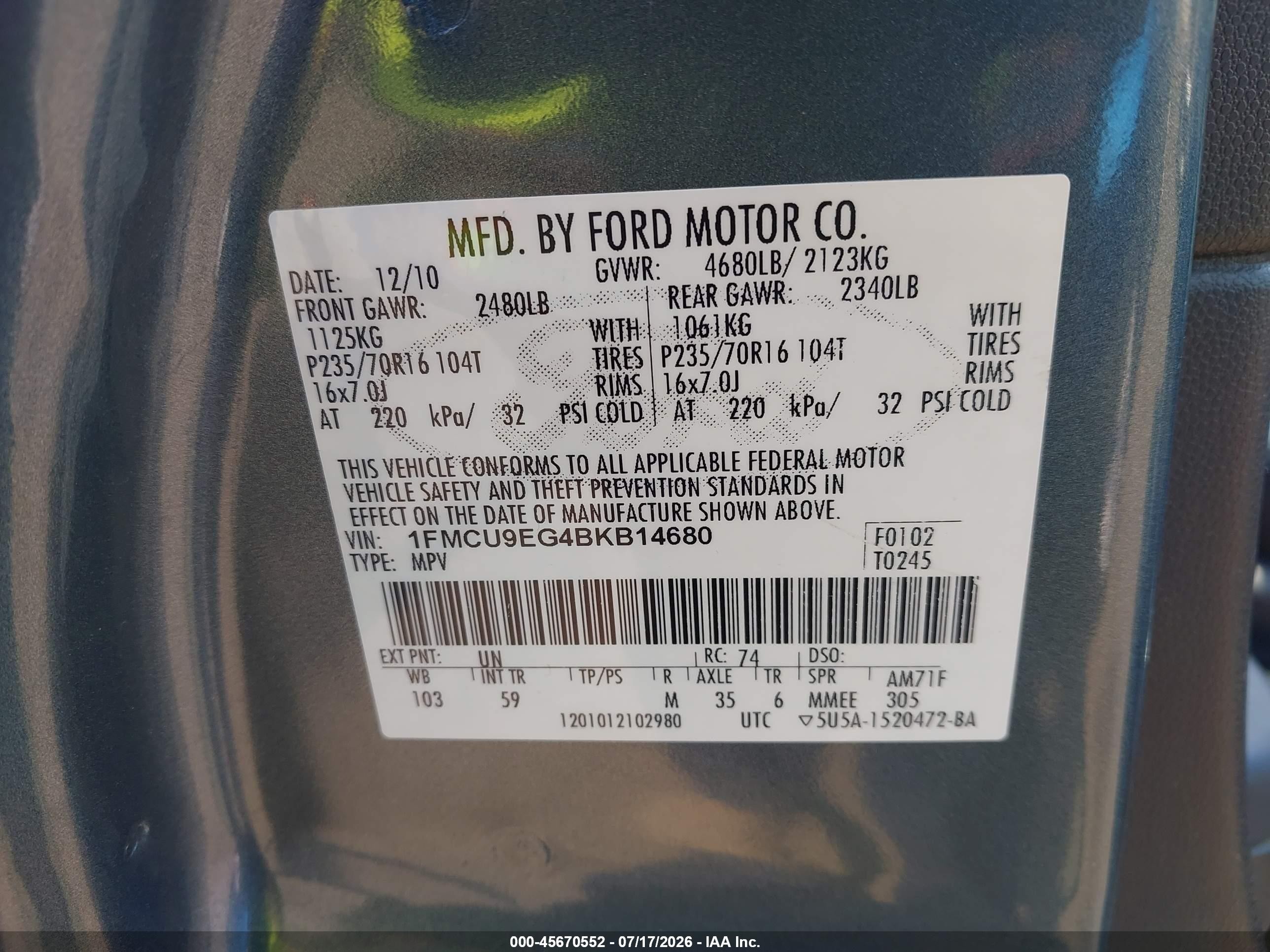 2011 Ford Escape Limited Blue vin: 1FMCU9EG4BKB14680