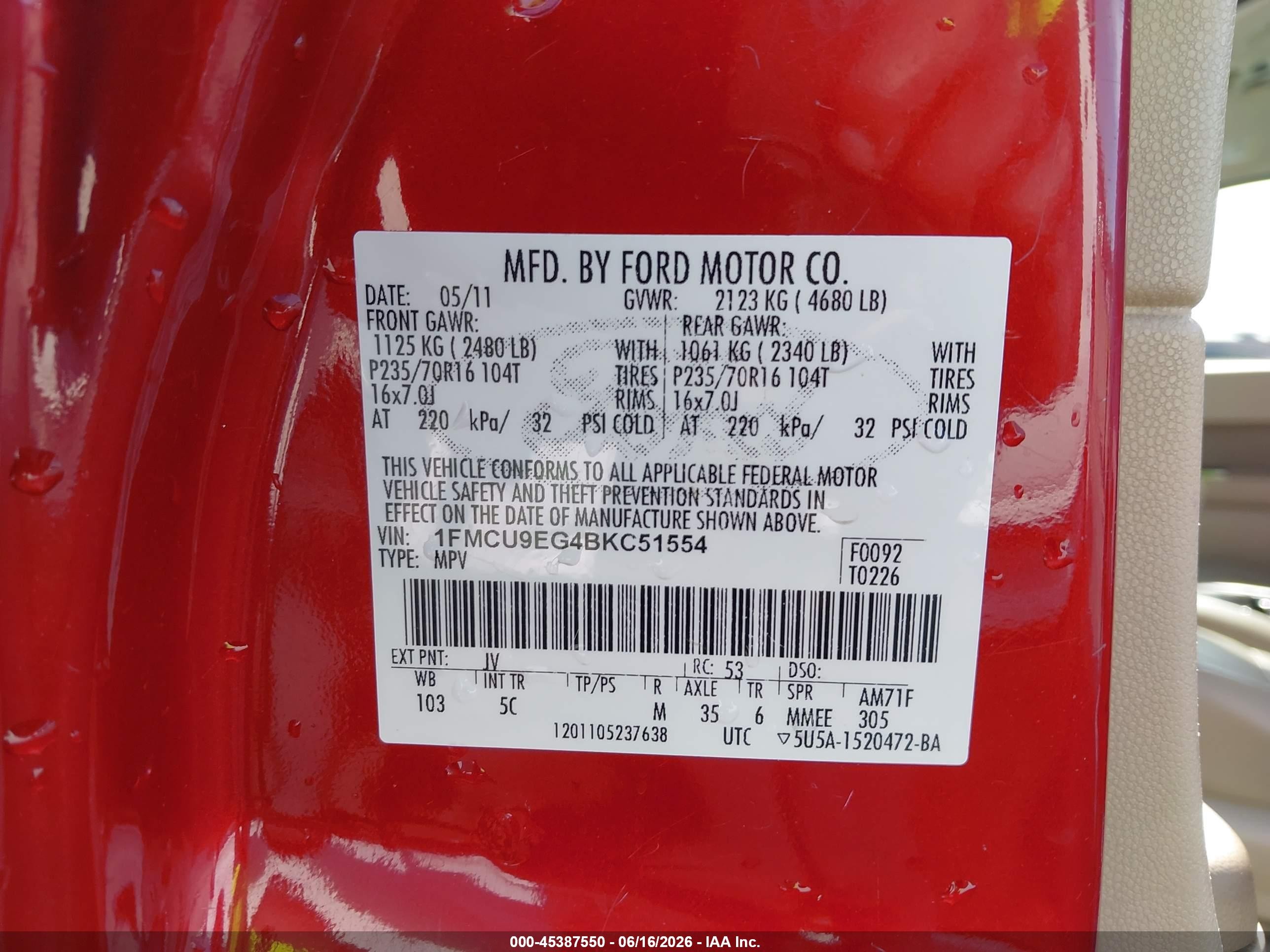 2011 Ford Escape Limited Red vin: 1FMCU9EG4BKC51554