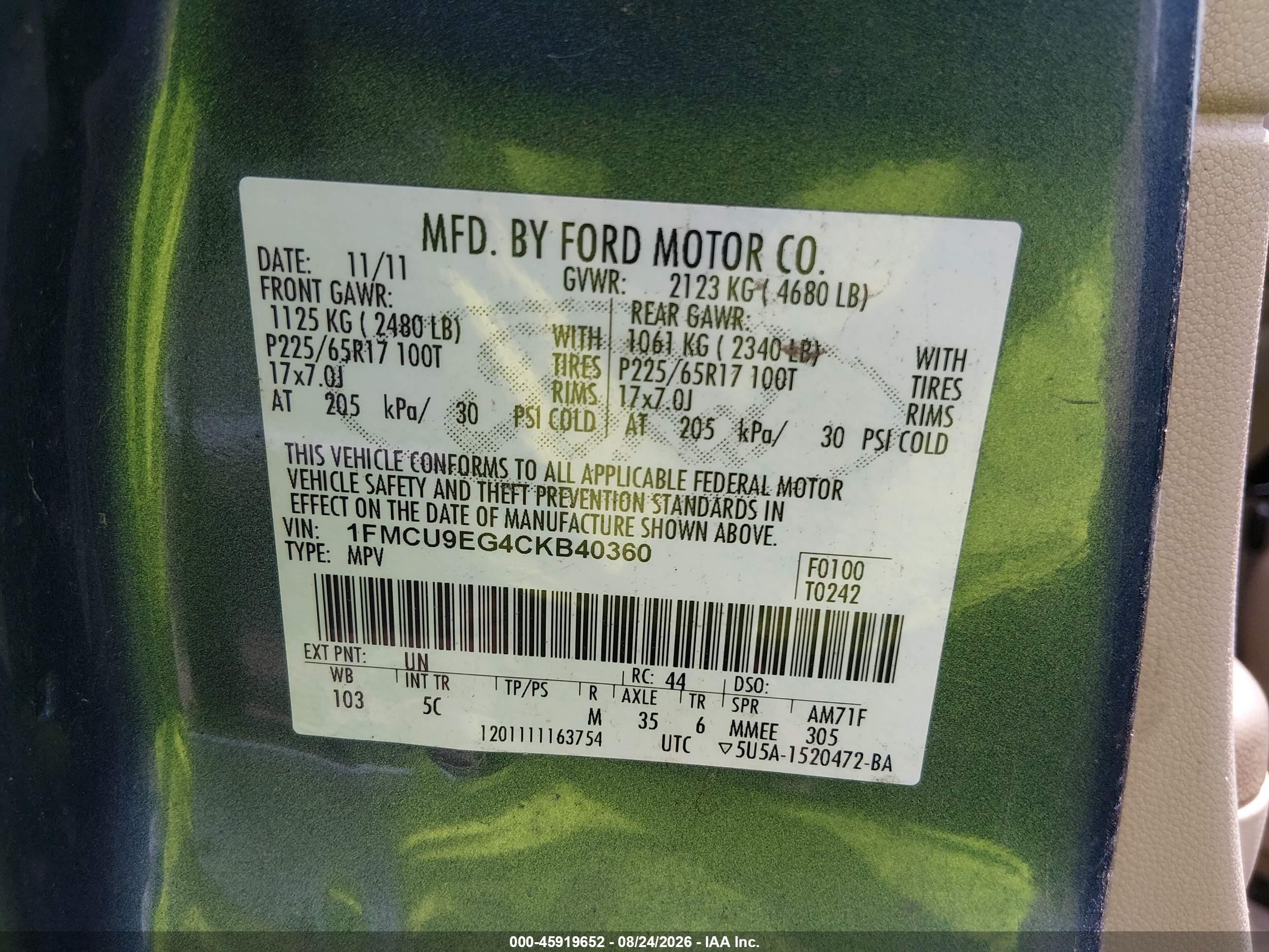 2012 Ford Escape Limited Blue vin: 1FMCU9EG4CKB40360