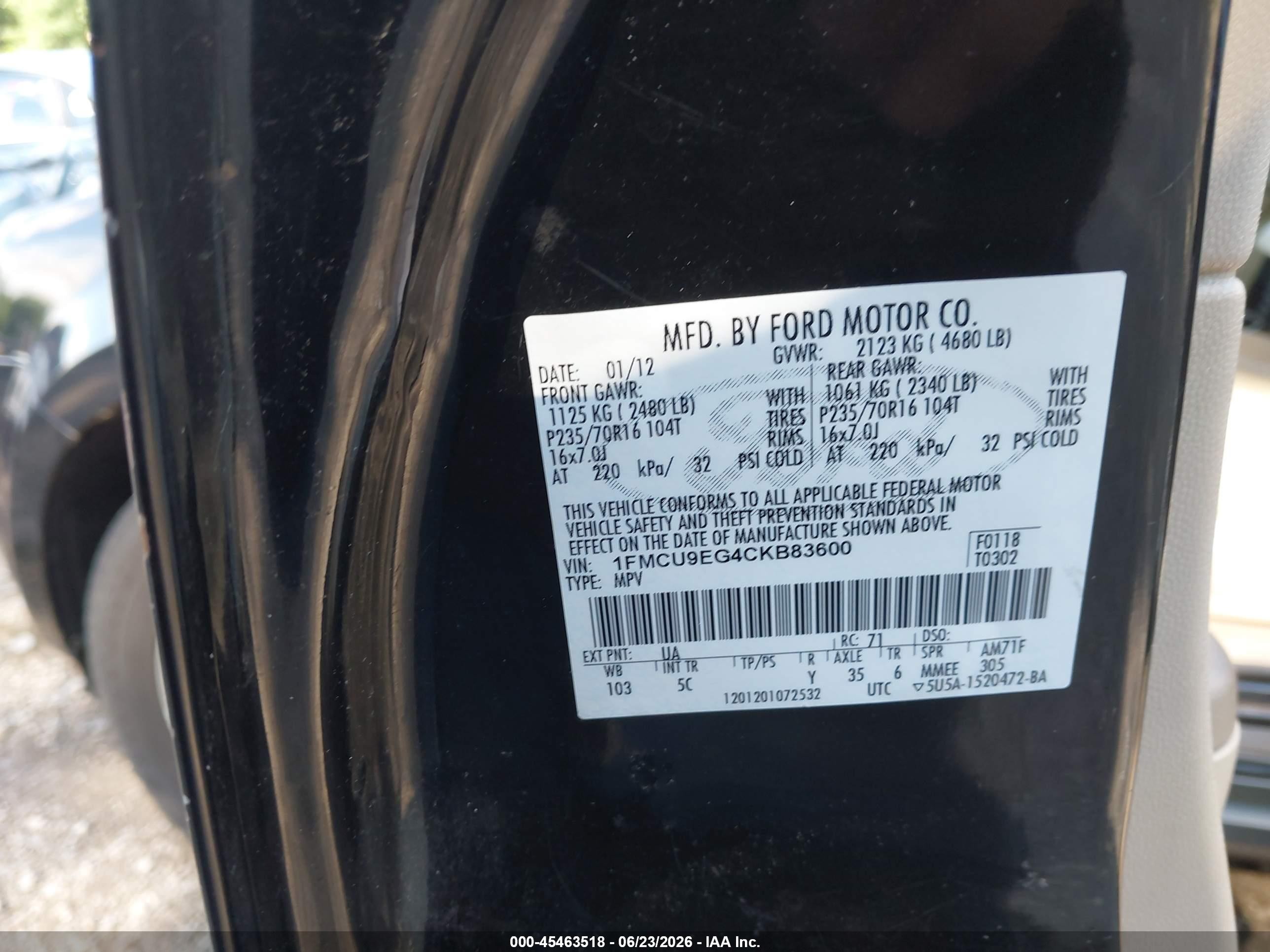 2012 Ford Escape Limited Black vin: 1FMCU9EG4CKB83600
