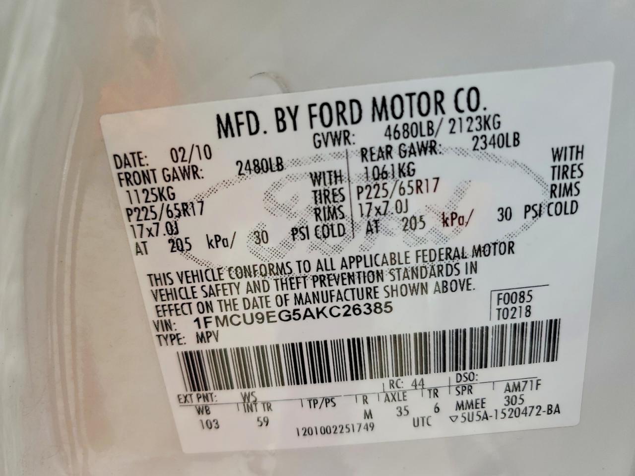 2010 Ford Escape Limited Белый vin: 1FMCU9EG5AKC26385