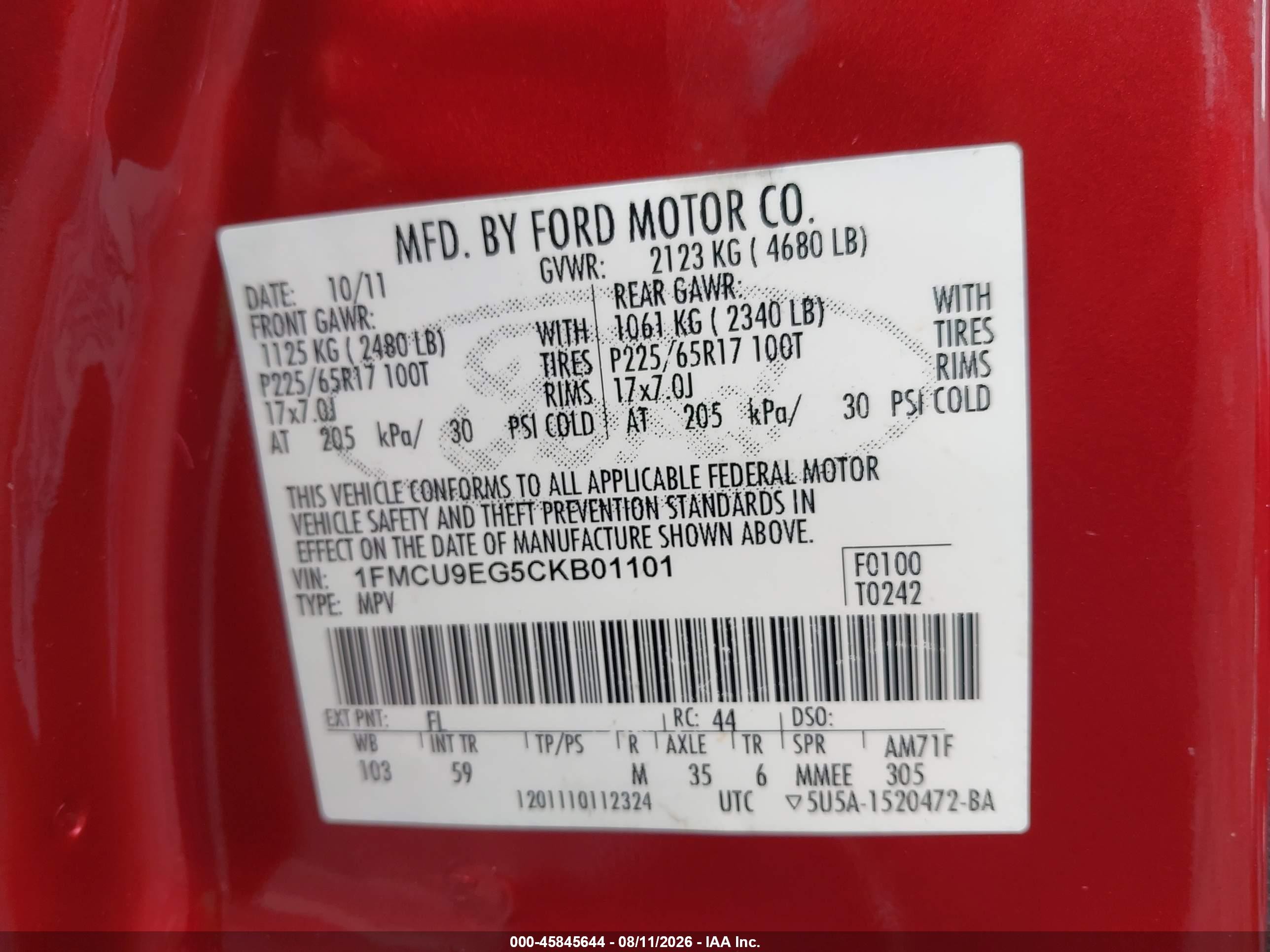 2012 Ford Escape Limited Red vin: 1FMCU9EG5CKB01101