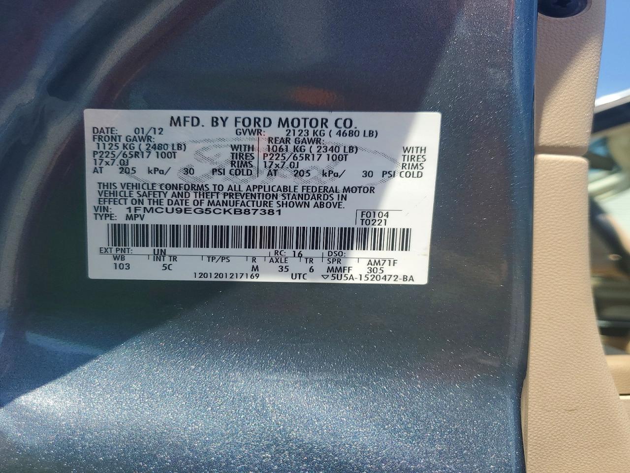 2012 Ford Escape Limited Blue vin: 1FMCU9EG5CKB87381