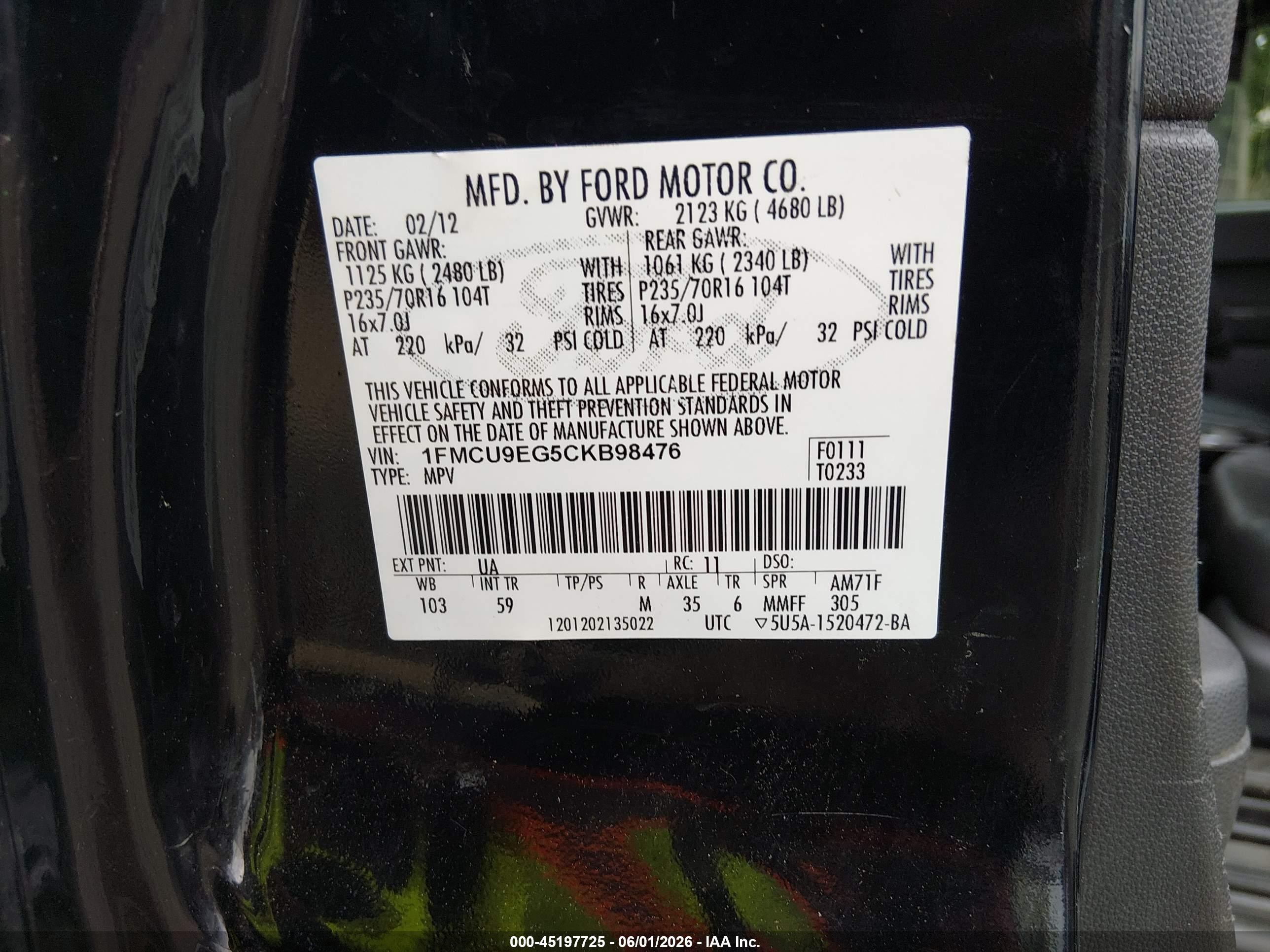 2012 Ford Escape Limited Black vin: 1FMCU9EG5CKB98476