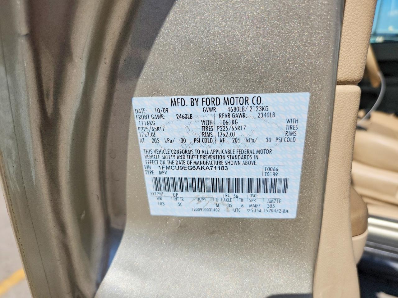 2010 Ford Escape Limited Beige vin: 1FMCU9EG6AKA71183