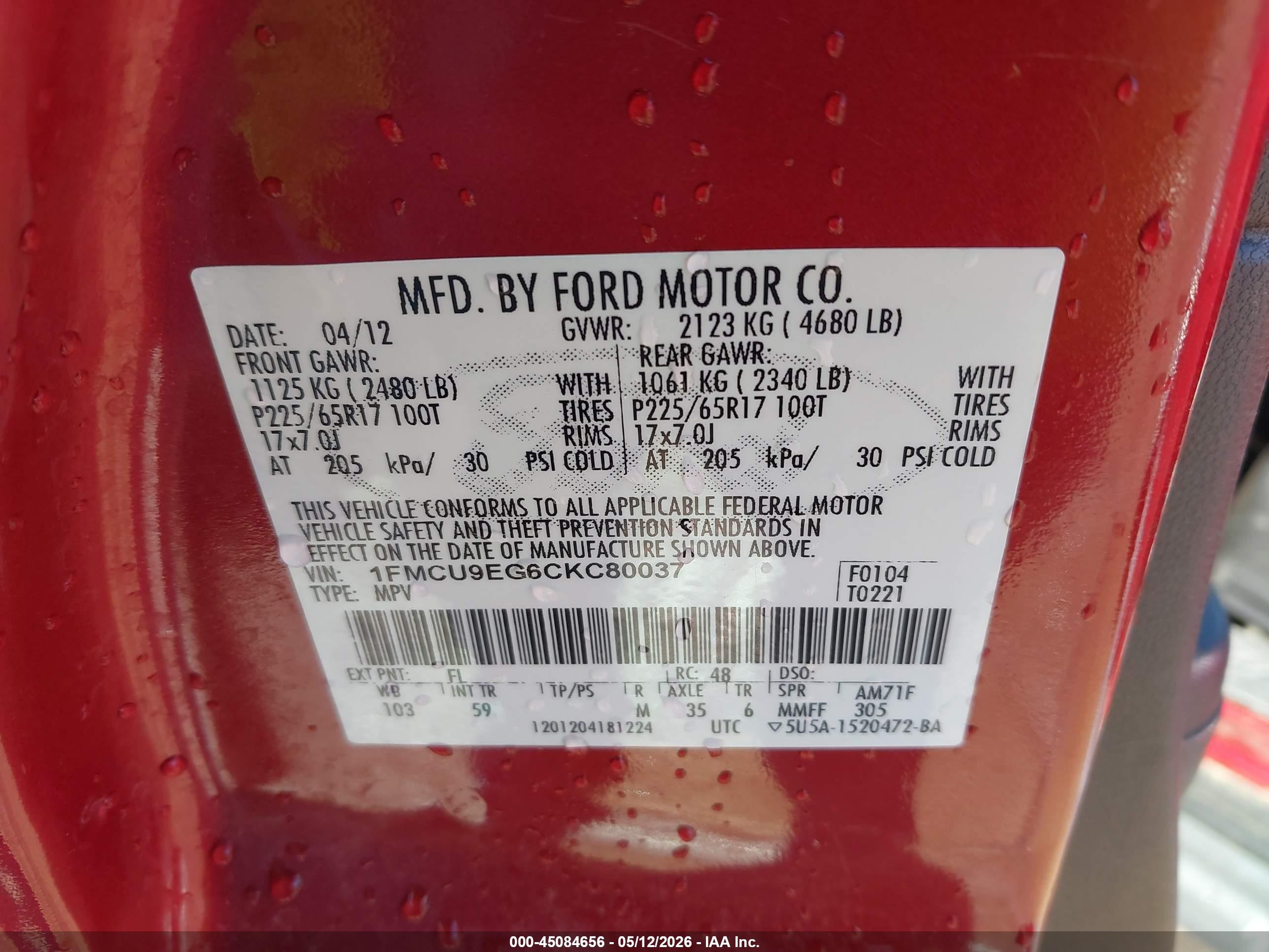2012 Ford Escape Limited Red vin: 1FMCU9EG6CKC80037