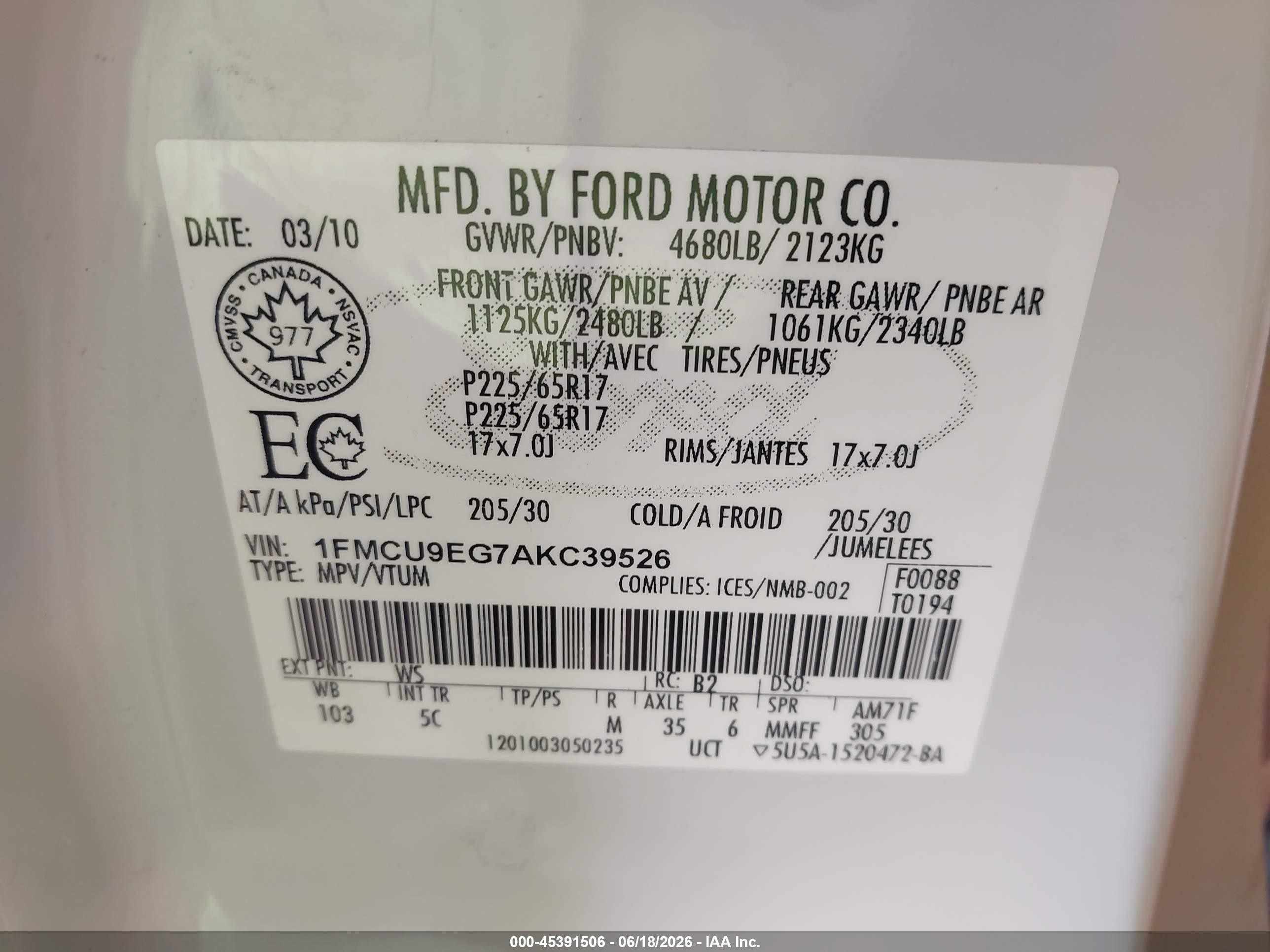 2010 Ford Escape Limited White vin: 1FMCU9EG7AKC39526