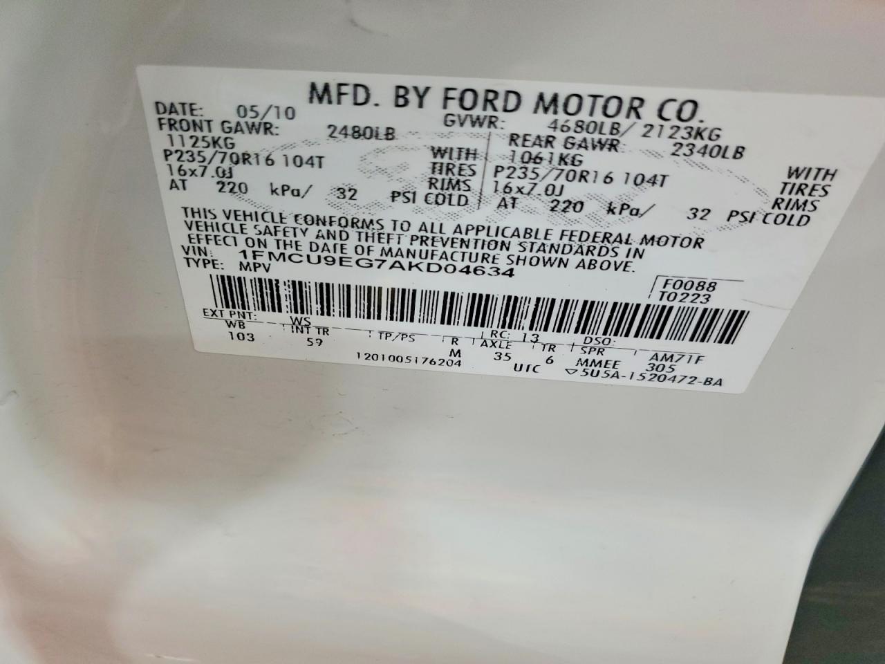 2010 Ford Escape Limited White vin: 1FMCU9EG7AKD04634