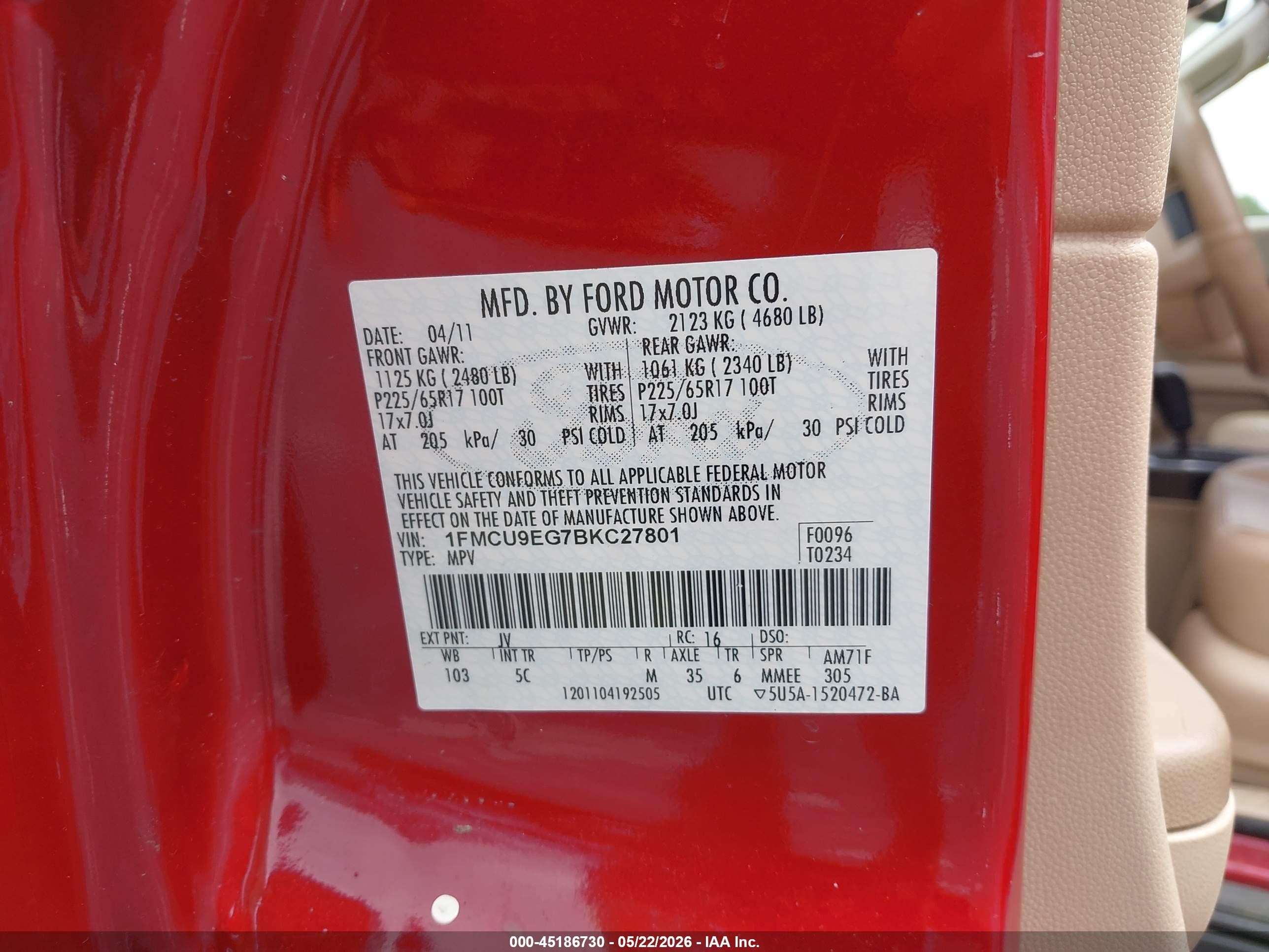 2011 Ford Escape Limited Red vin: 1FMCU9EG7BKC27801