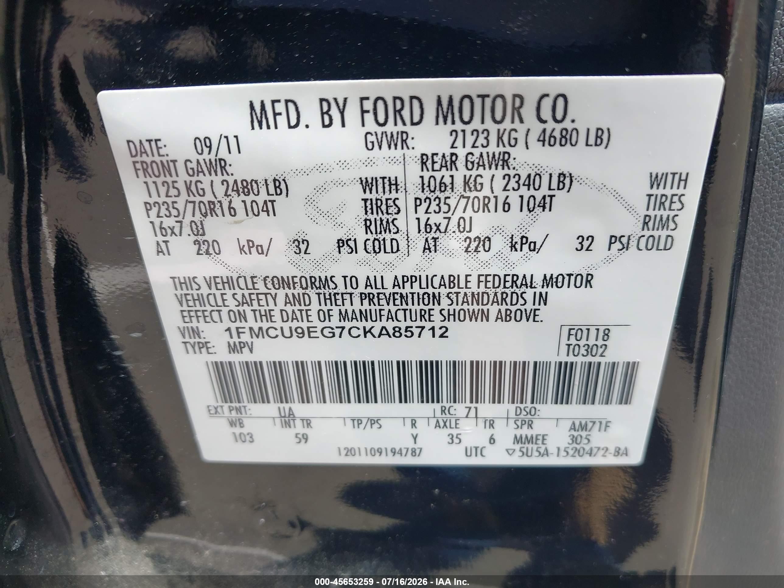 2012 Ford Escape Limited Black vin: 1FMCU9EG7CKA85712