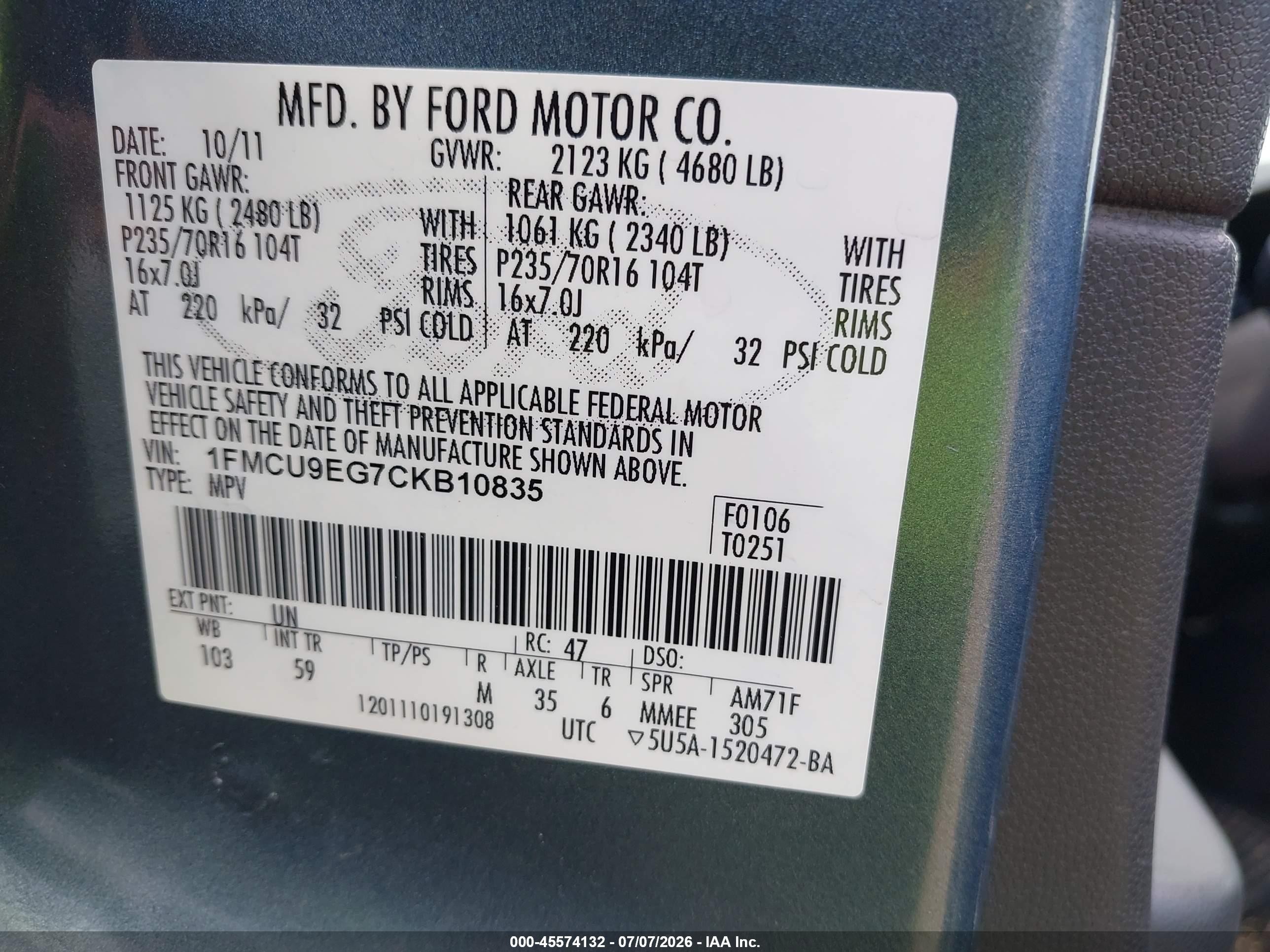 2012 Ford Escape Limited Blue vin: 1FMCU9EG7CKB10835