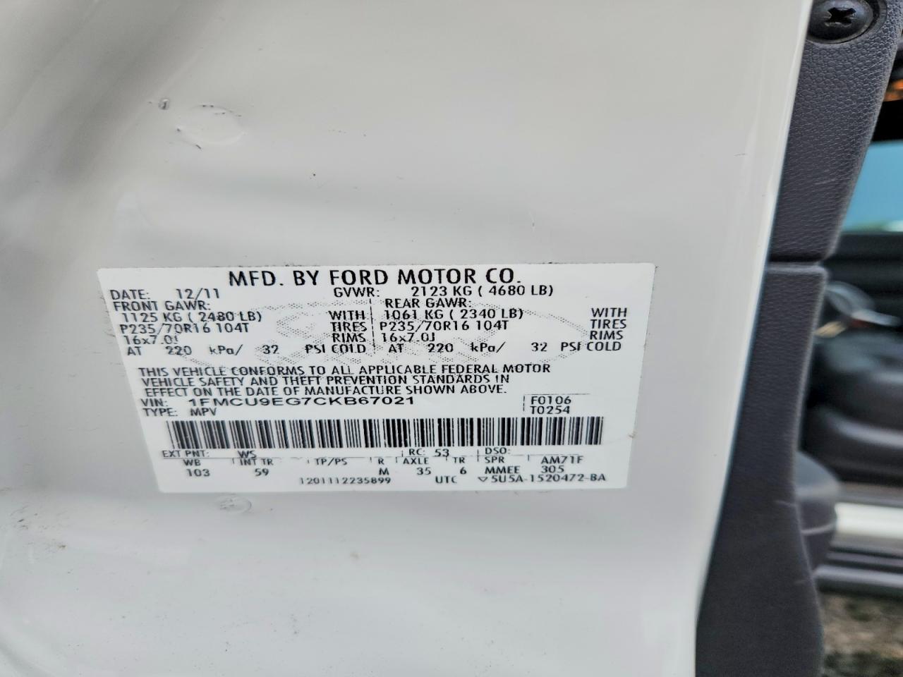 2012 Ford Escape Limited White vin: 1FMCU9EG7CKB67021