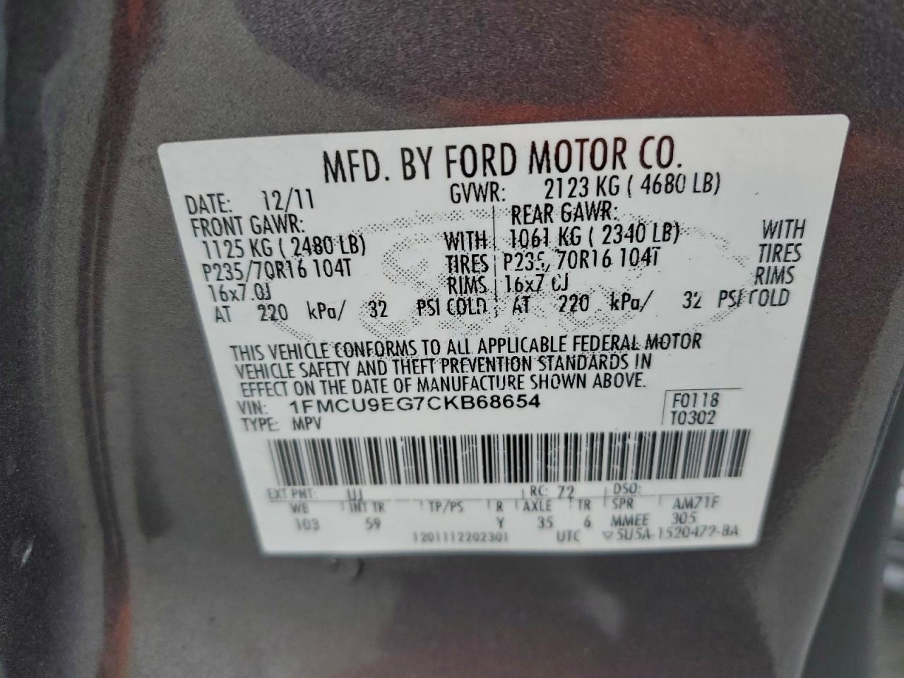 2012 Ford Escape Lim Charcoal vin: 1FMCU9EG7CKB68654