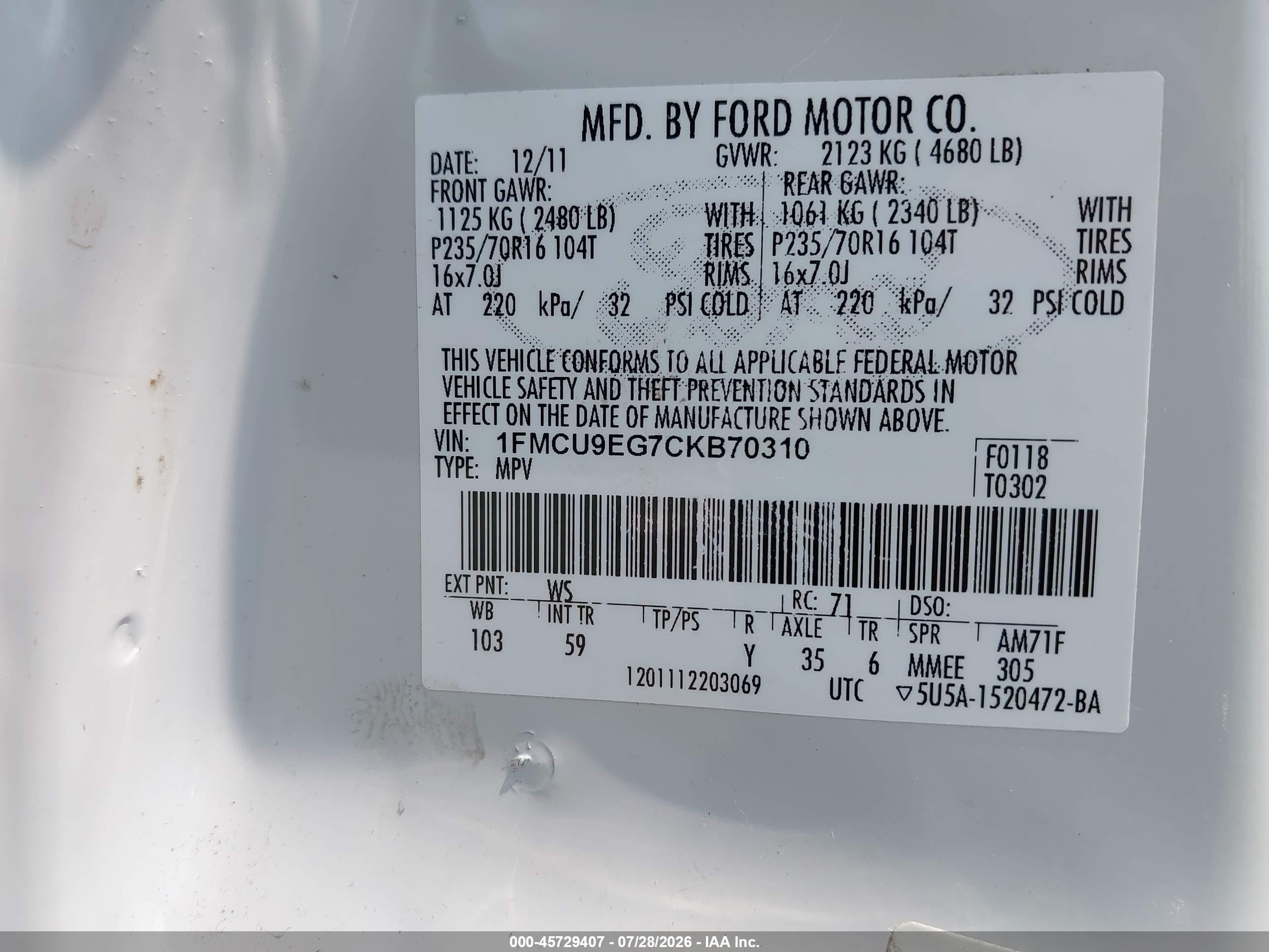 2012 Ford Escape Limited White vin: 1FMCU9EG7CKB70310