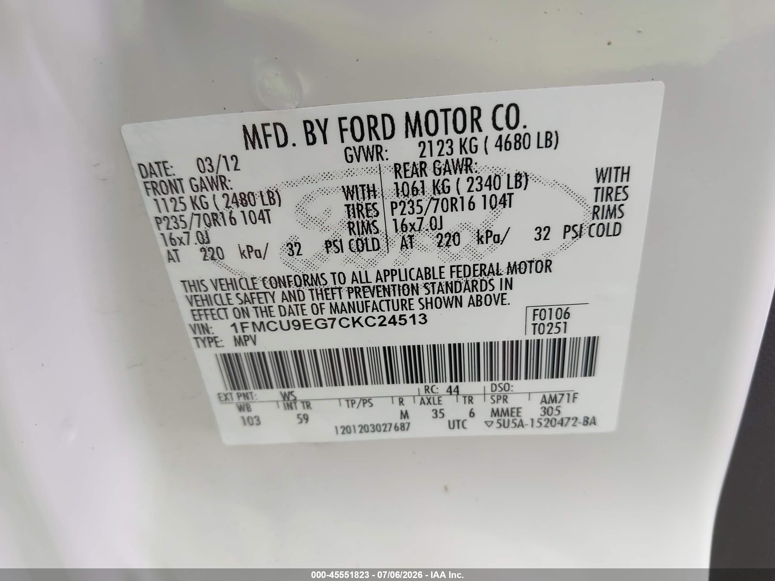 2012 Ford Escape Limited White vin: 1FMCU9EG7CKC24513