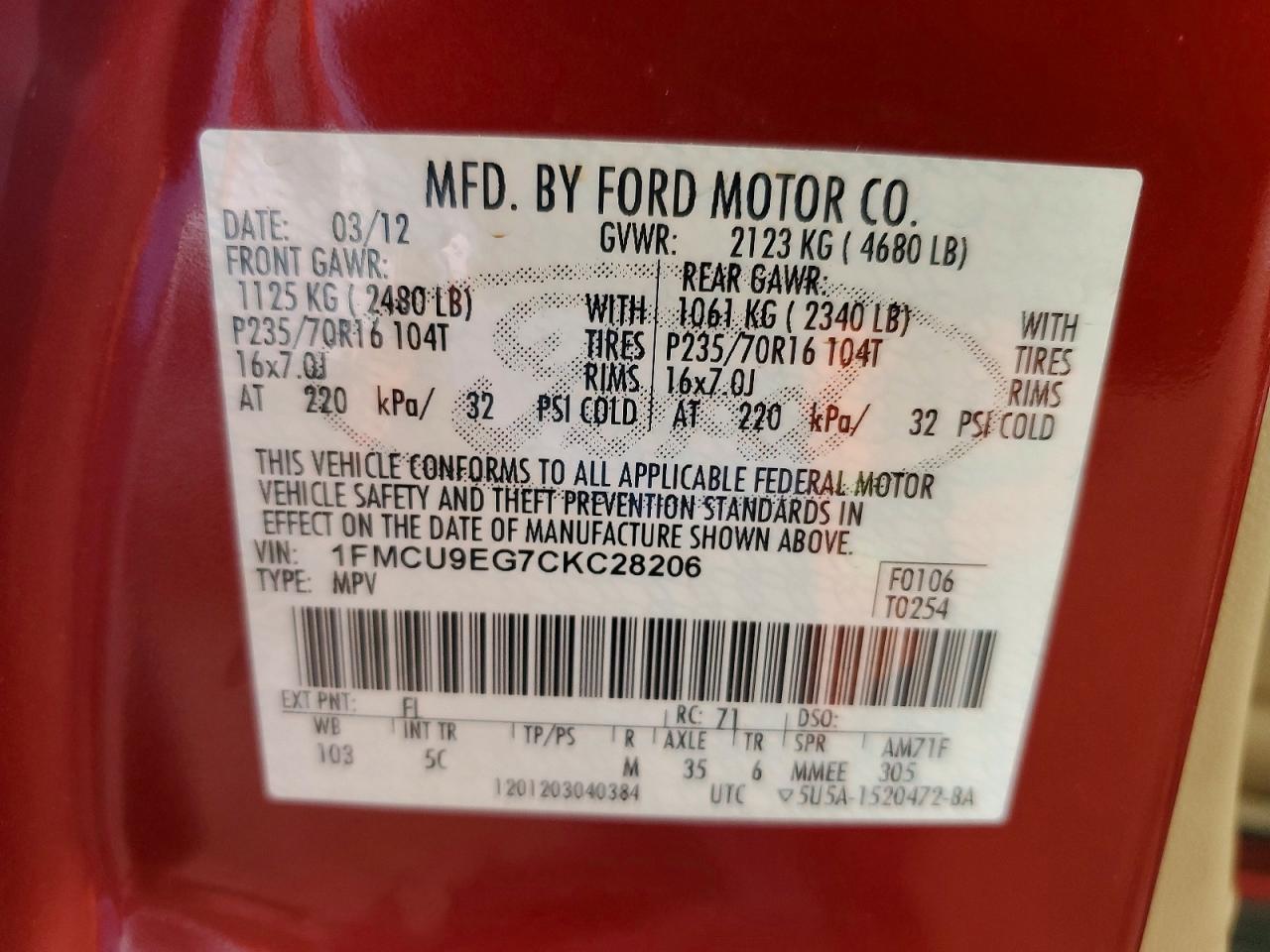 2012 Ford Escape Limited Red vin: 1FMCU9EG7CKC28206