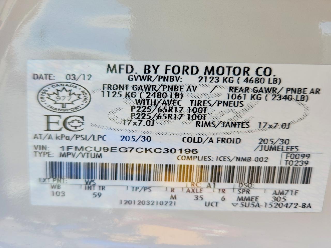 2012 Ford Escape Limited White vin: 1FMCU9EG7CKC30196