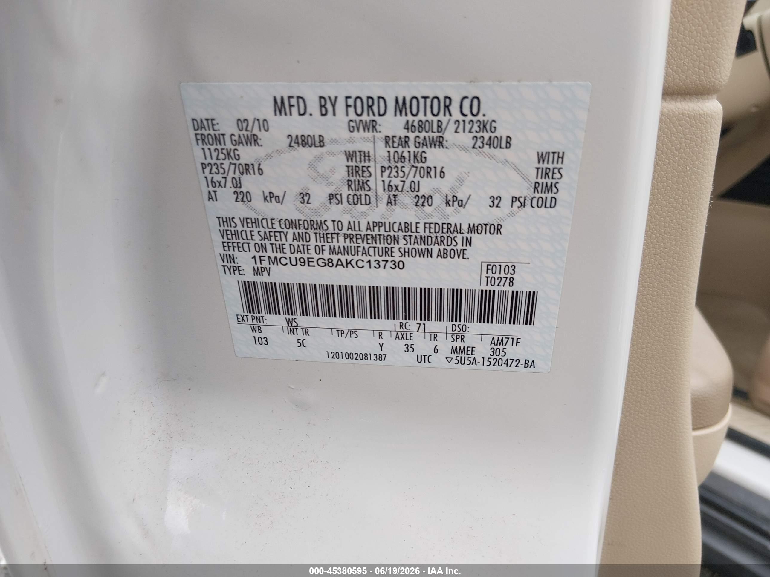 2010 Ford Escape Limited White vin: 1FMCU9EG8AKC13730