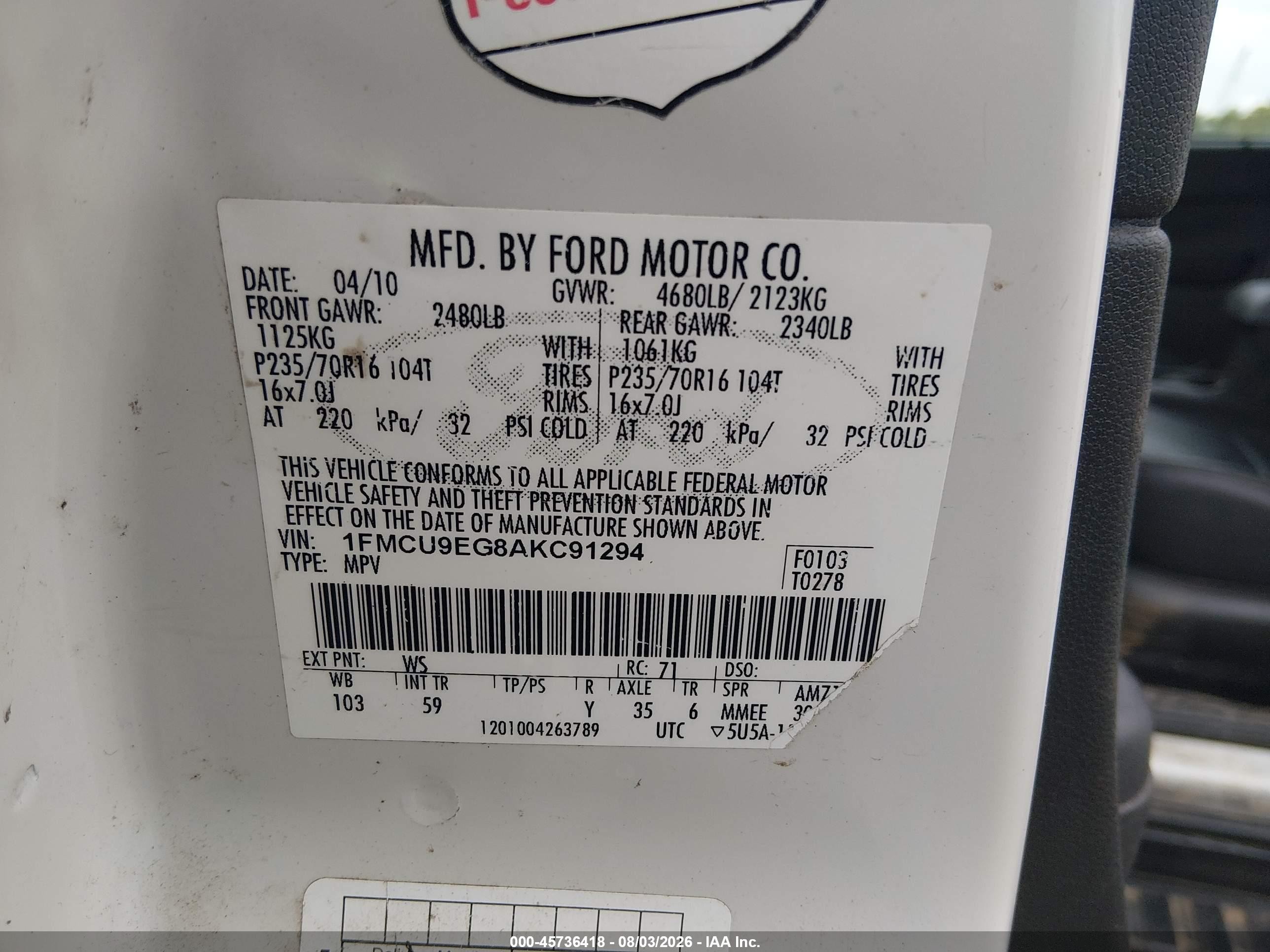 2010 Ford Escape Limited White vin: 1FMCU9EG8AKC91294