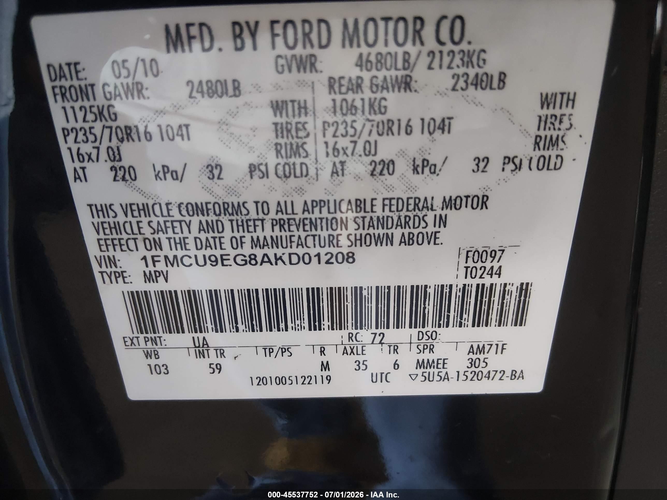 2010 Ford Escape Limited Black vin: 1FMCU9EG8AKD01208