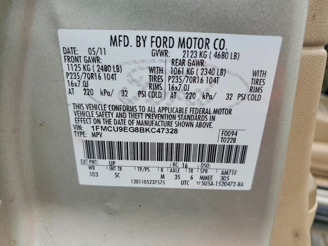 2011 Ford Escape Limited Beige vin: 1FMCU9EG8BKC47328
