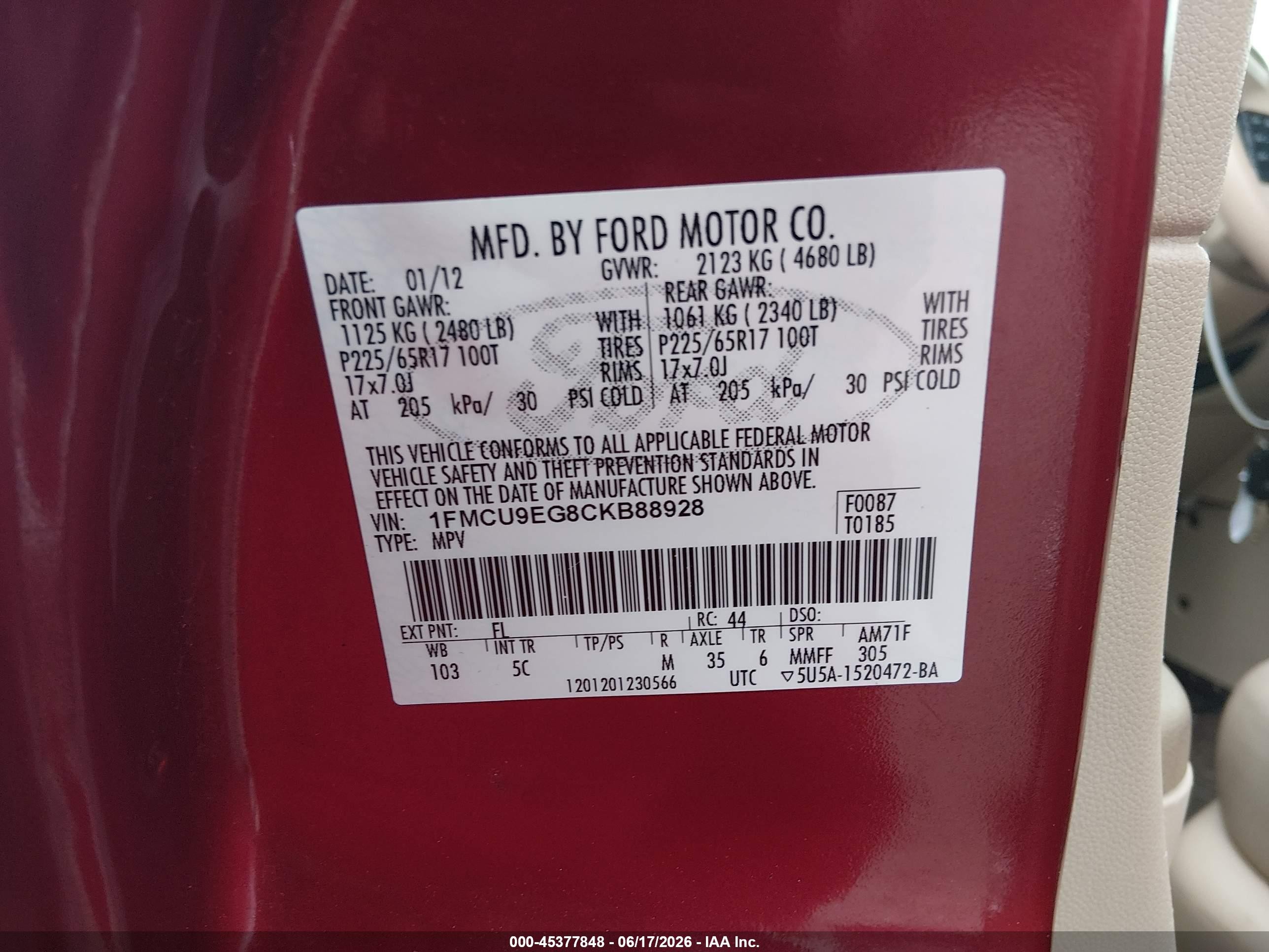 2012 Ford Escape Limited Red vin: 1FMCU9EG8CKB88928