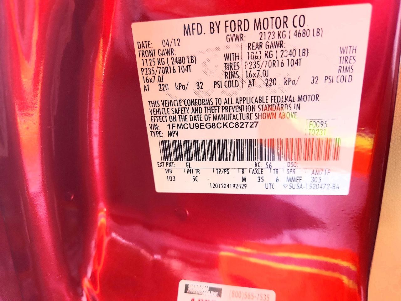2012 Ford Escape Limited Red vin: 1FMCU9EG8CKC82727