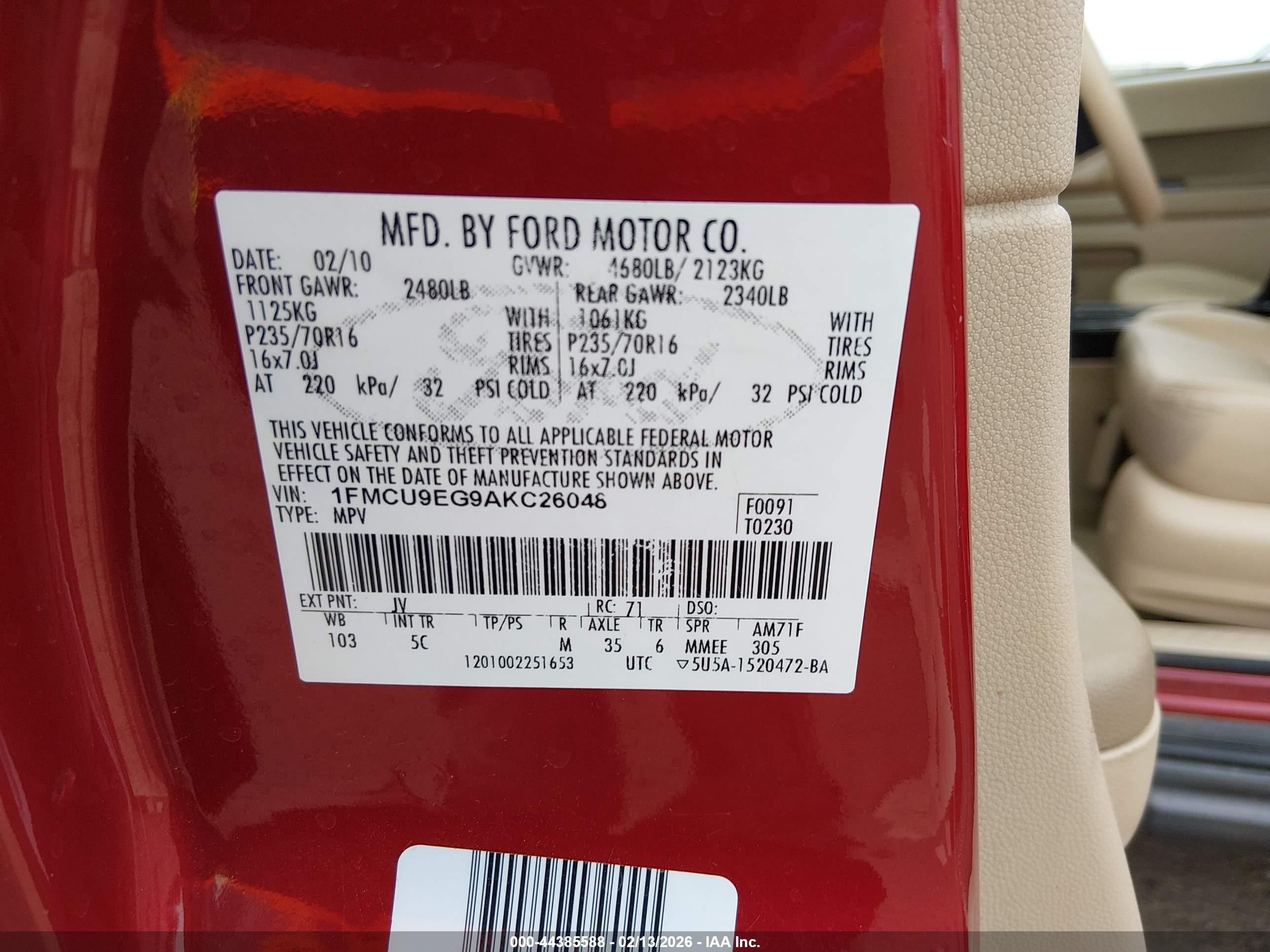 2010 Ford Escape Limited Red vin: 1FMCU9EG9AKC26048