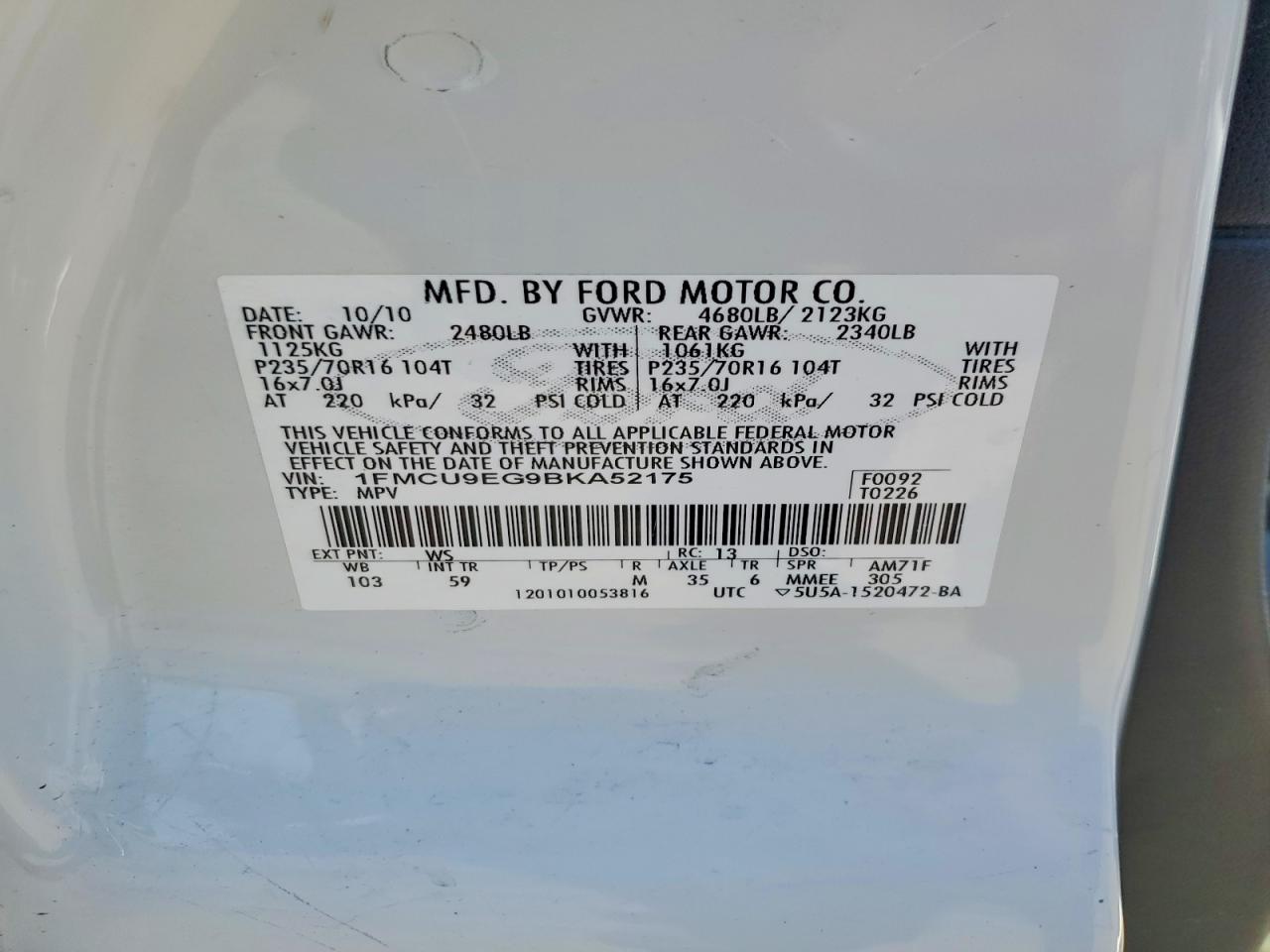 2011 Ford Escape Limited White vin: 1FMCU9EG9BKA52175