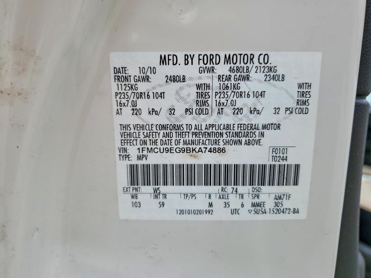 2011 Ford Escape Limited White vin: 1FMCU9EG9BKA74886