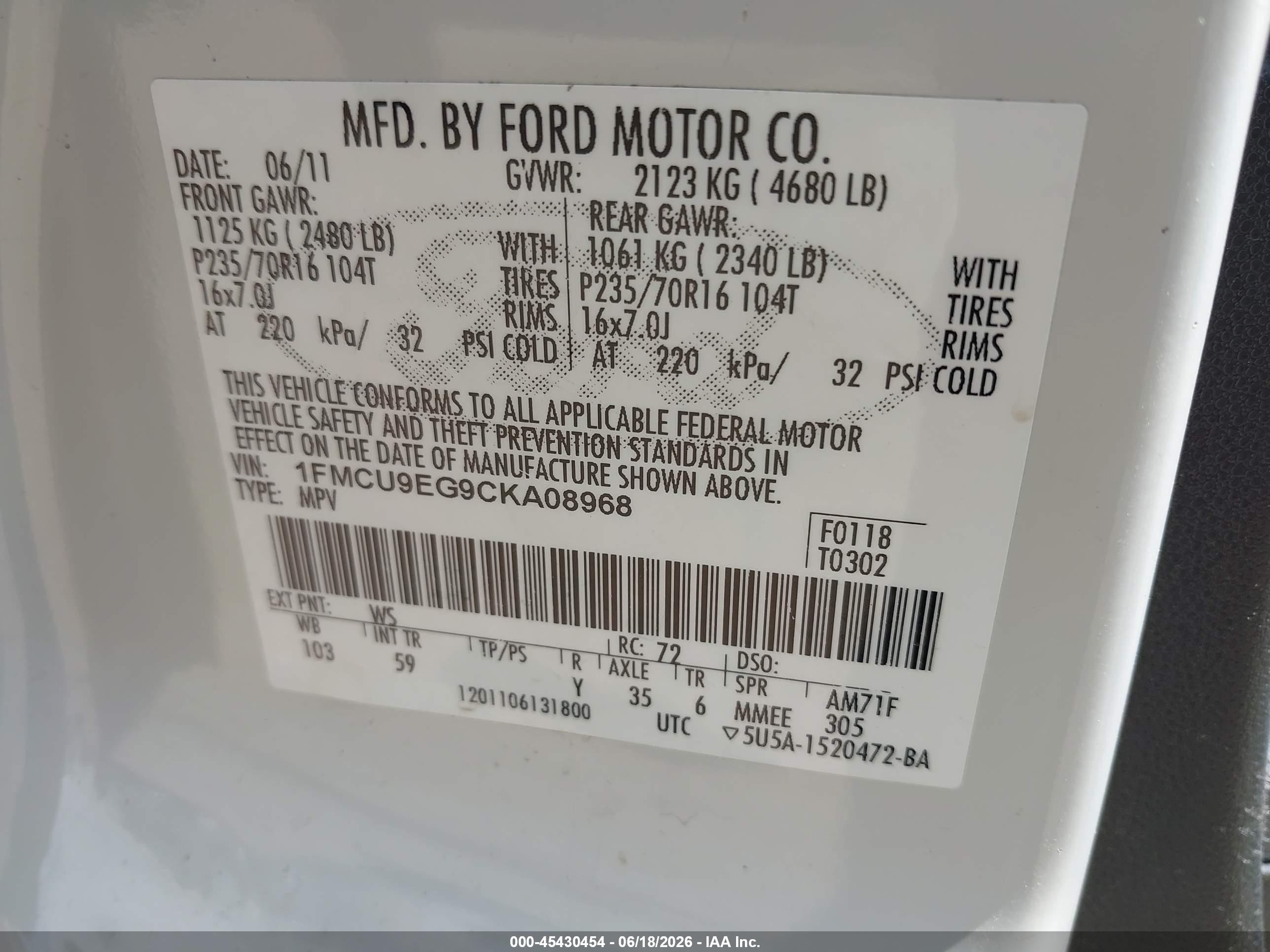 2012 Ford Escape Limited White vin: 1FMCU9EG9CKA08968