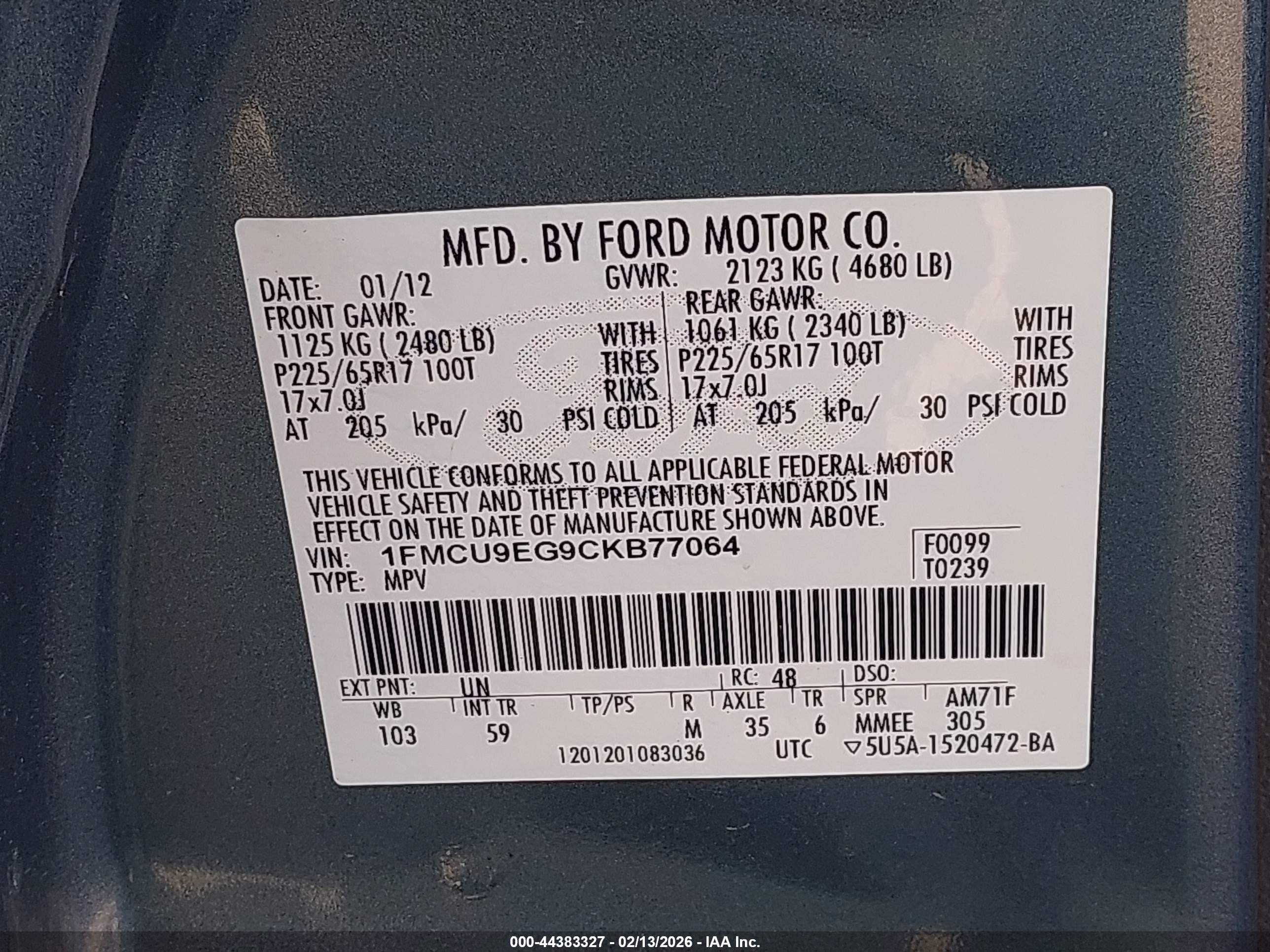 2012 Ford Escape Limited Blue vin: 1FMCU9EG9CKB77064