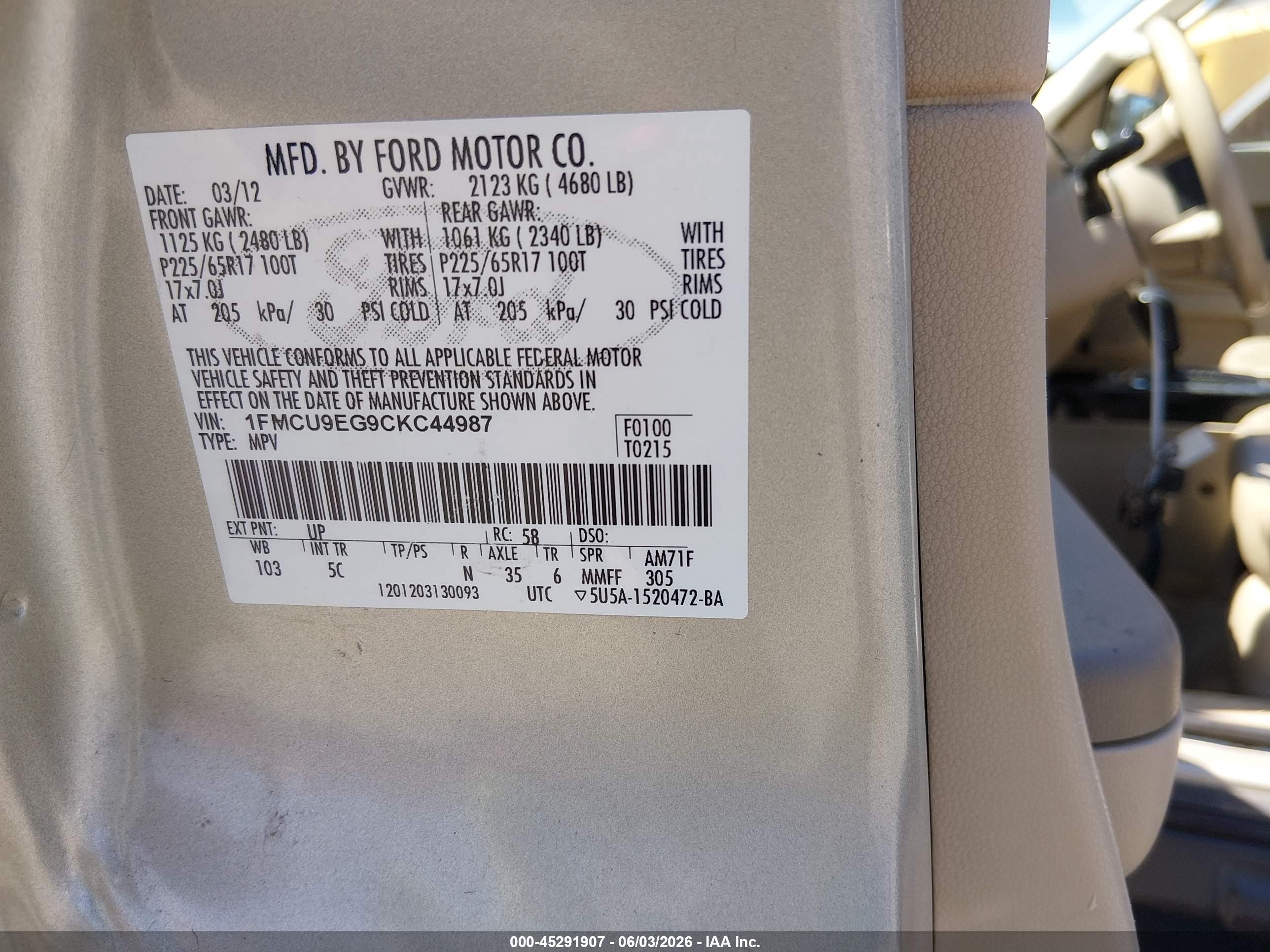 2012 Ford Escape Limited Gold vin: 1FMCU9EG9CKC44987