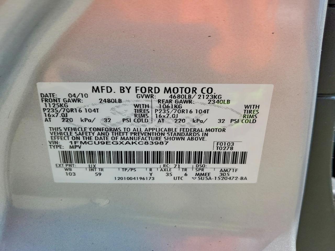 2010 Ford Escape Limited Silver vin: 1FMCU9EGXAKC83987