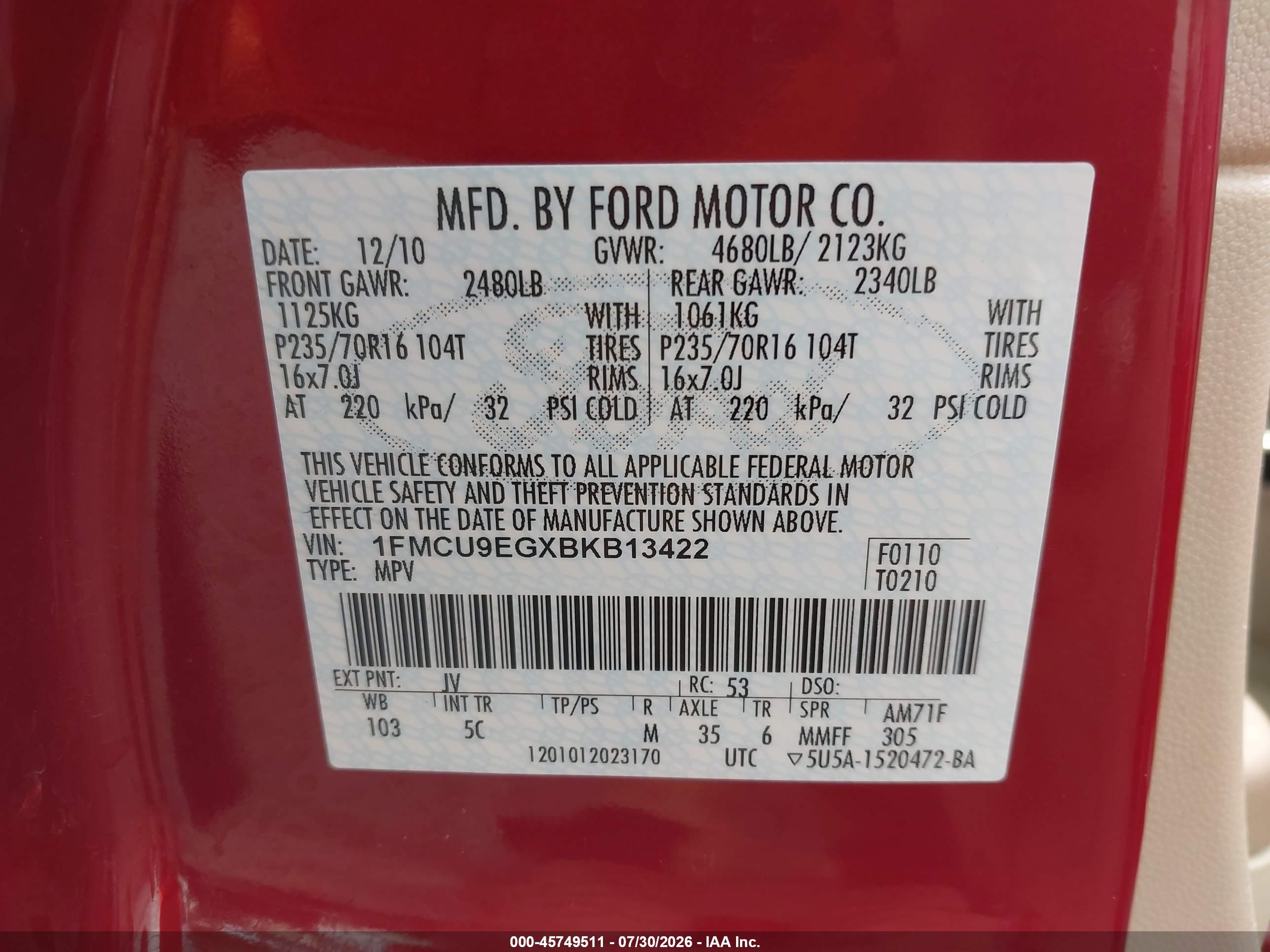 2011 Ford Escape Limited Red vin: 1FMCU9EGXBKB13422