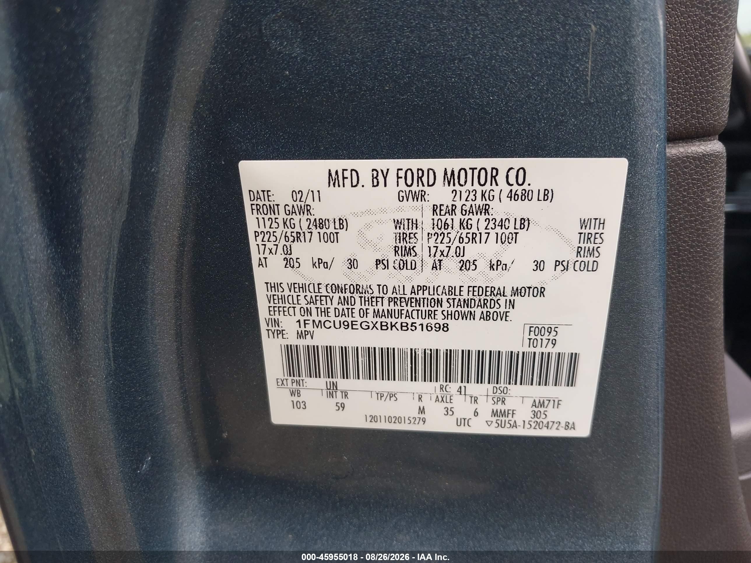 2011 Ford Escape Limited Turquoise vin: 1FMCU9EGXBKB51698