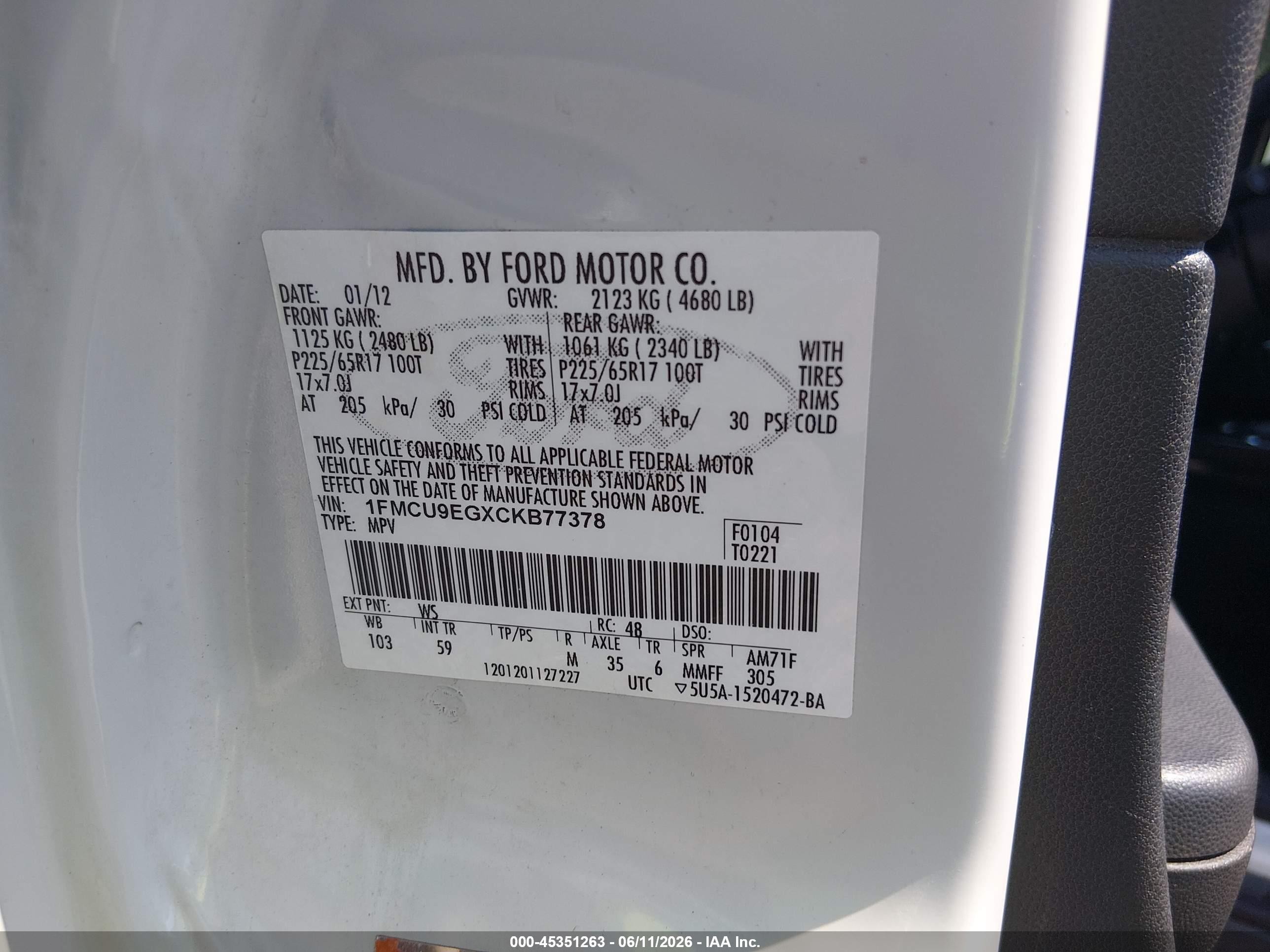 2012 Ford Escape Limited White vin: 1FMCU9EGXCKB77378