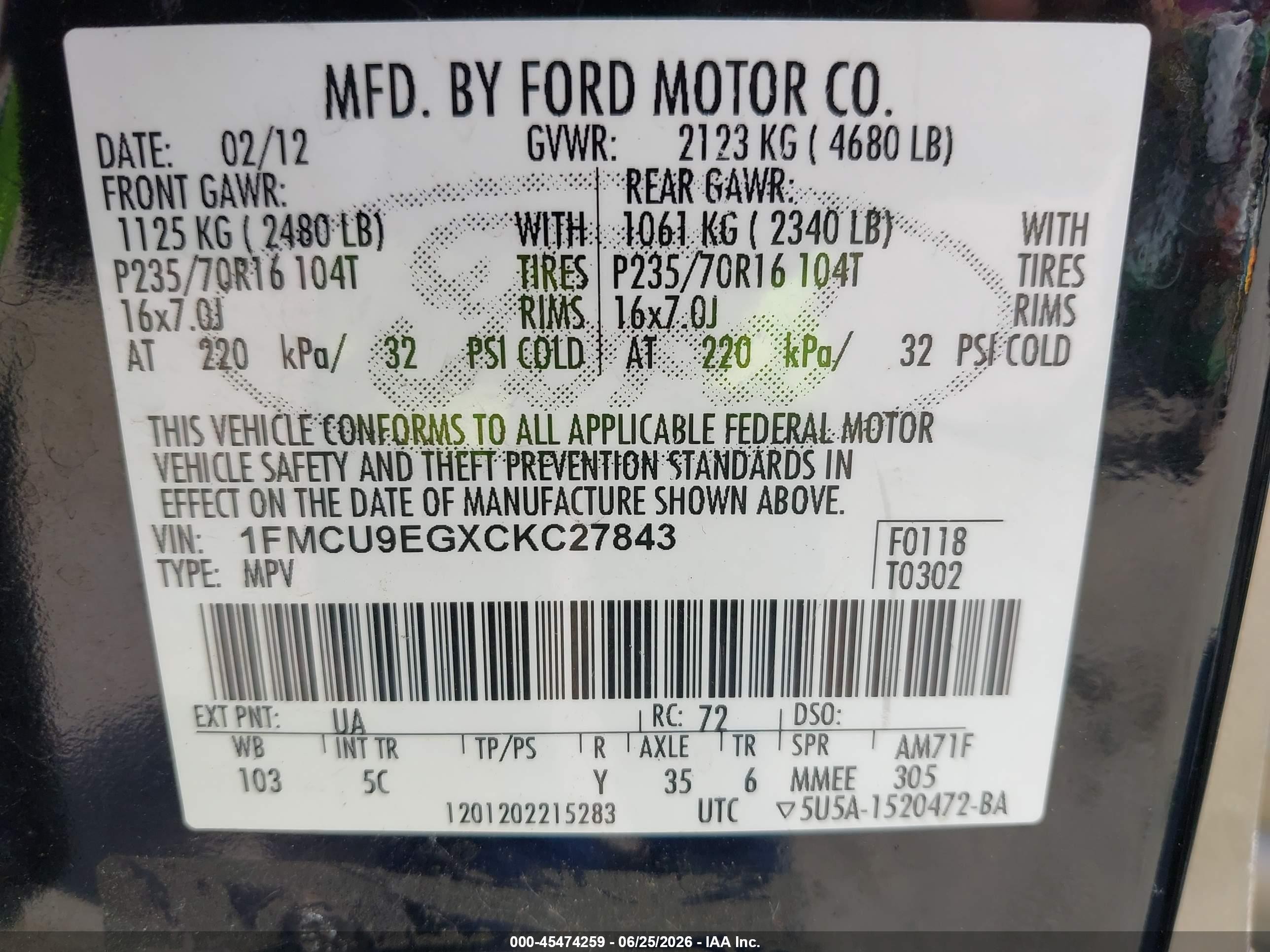 2012 Ford Escape Limited Black vin: 1FMCU9EGXCKC27843