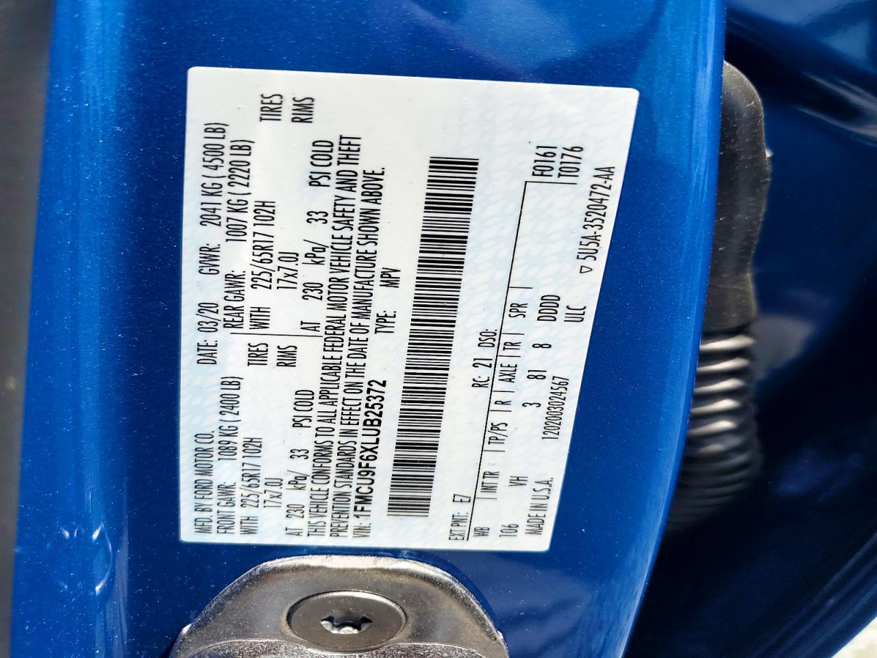 2020 Ford Escape S Blue vin: 1FMCU9F6XLUB25372