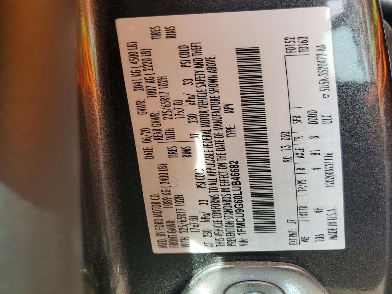 2020 Ford Escape Se Gray vin: 1FMCU9G60LUB46682