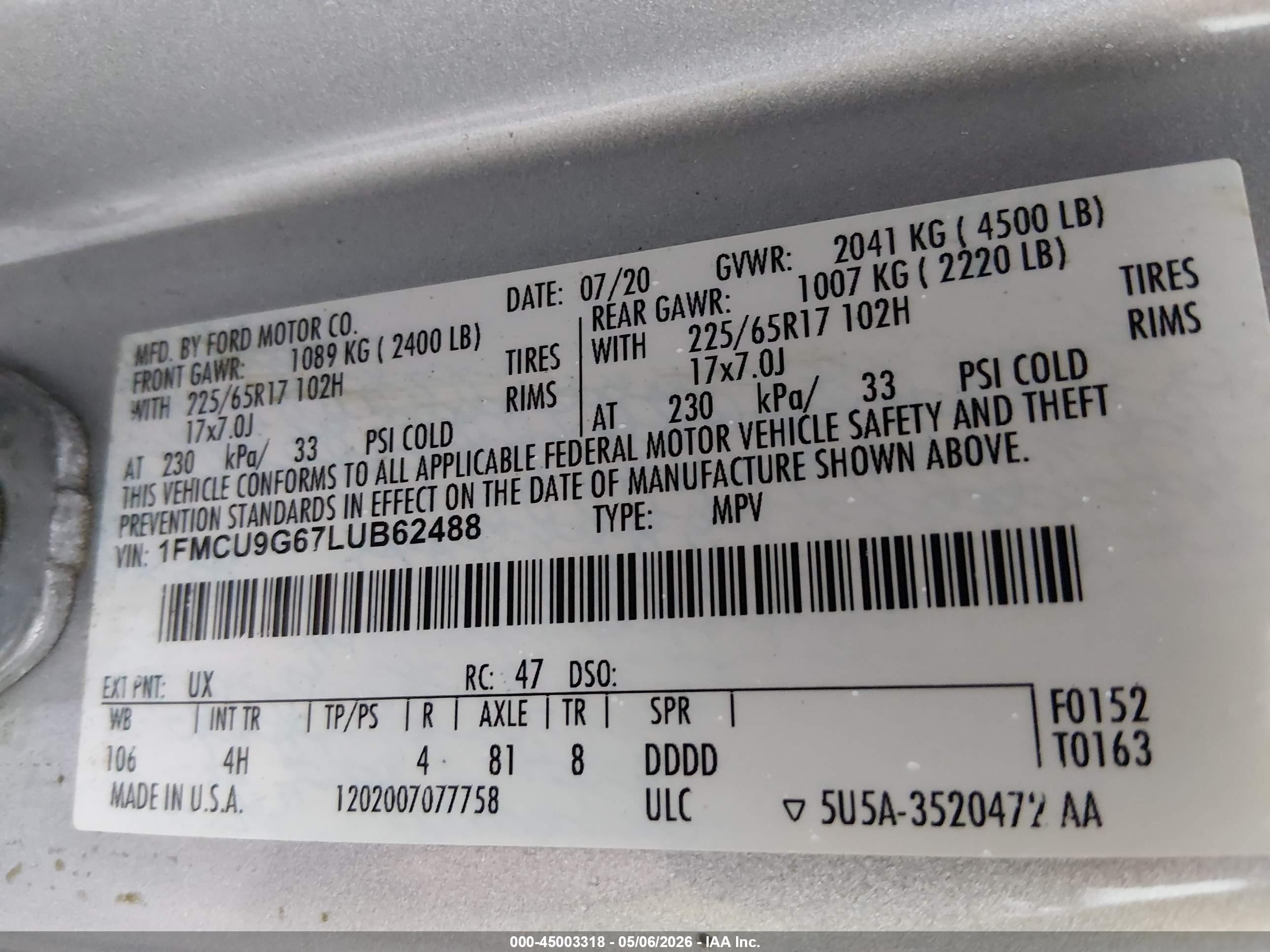 2020 Ford Escape Se Silver vin: 1FMCU9G67LUB62488