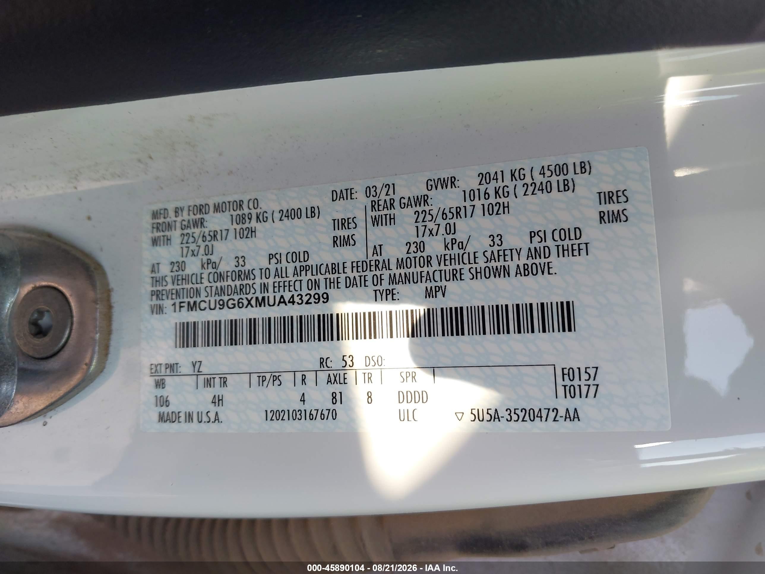 2021 Ford Escape Se White vin: 1FMCU9G6XMUA43299